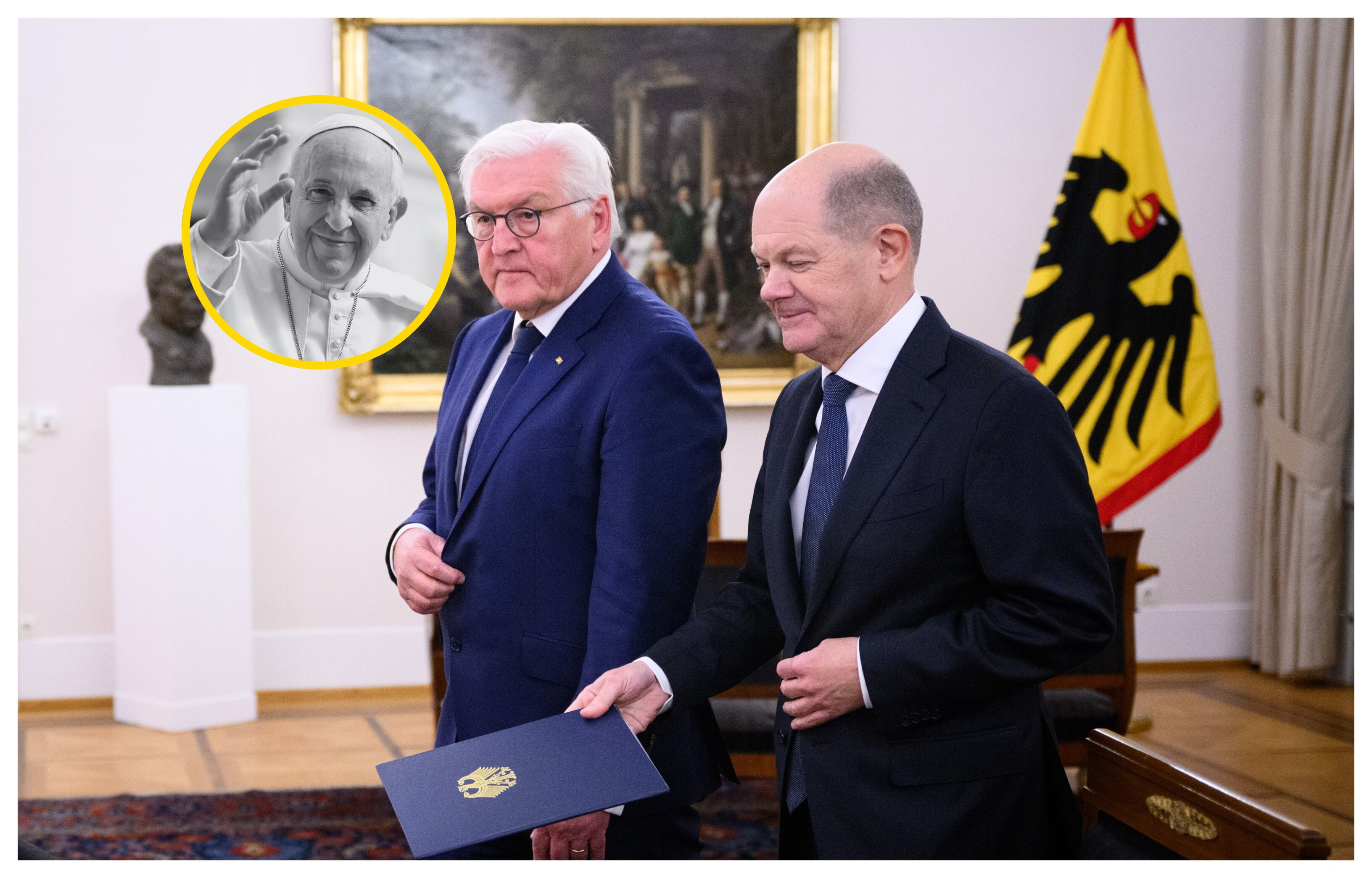 Frank-Walter Steinmeier, Olaf Scholz y papa Francisco. Foto: Franco Origlia y Bernd von Jutrczenka/picture alliance via Getty Images
