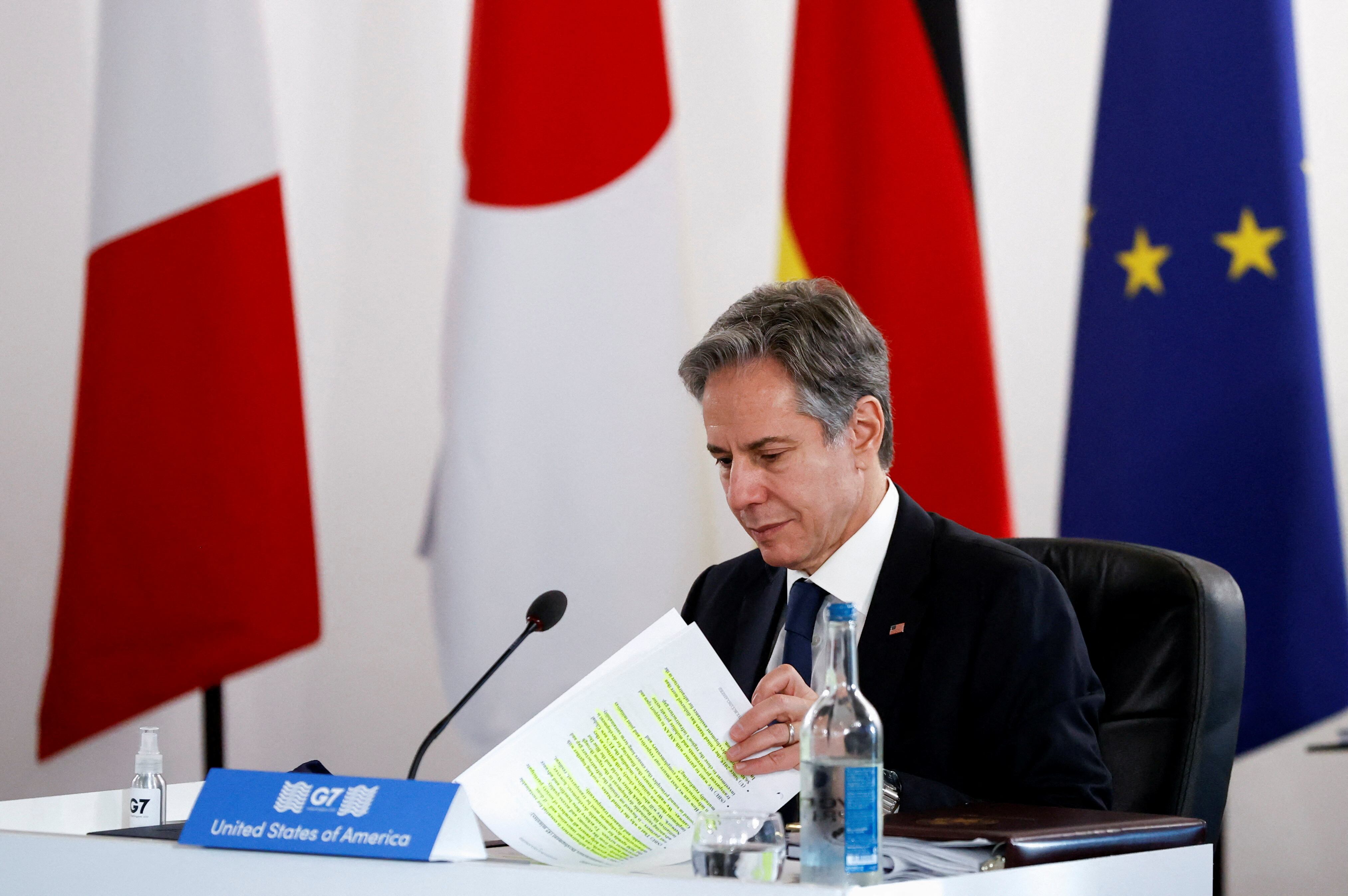 LIVERPOOL, ENGLAND - DECEMBER 12: U.S. Secretary of State Antony Blinken attends day two of the G7 Summit Of Foreign And Development Ministers on December 12, 2021 in Liverpool, England. This is the second in-person meeting of G7 foreign ministers during the UK's G7 presidency, following an event in London in May. The UK also hosted the G7 Leaders' Summit in Carbis Bay earlier this year. (Photo by Phil Noble - WPA Pool/Getty Images)