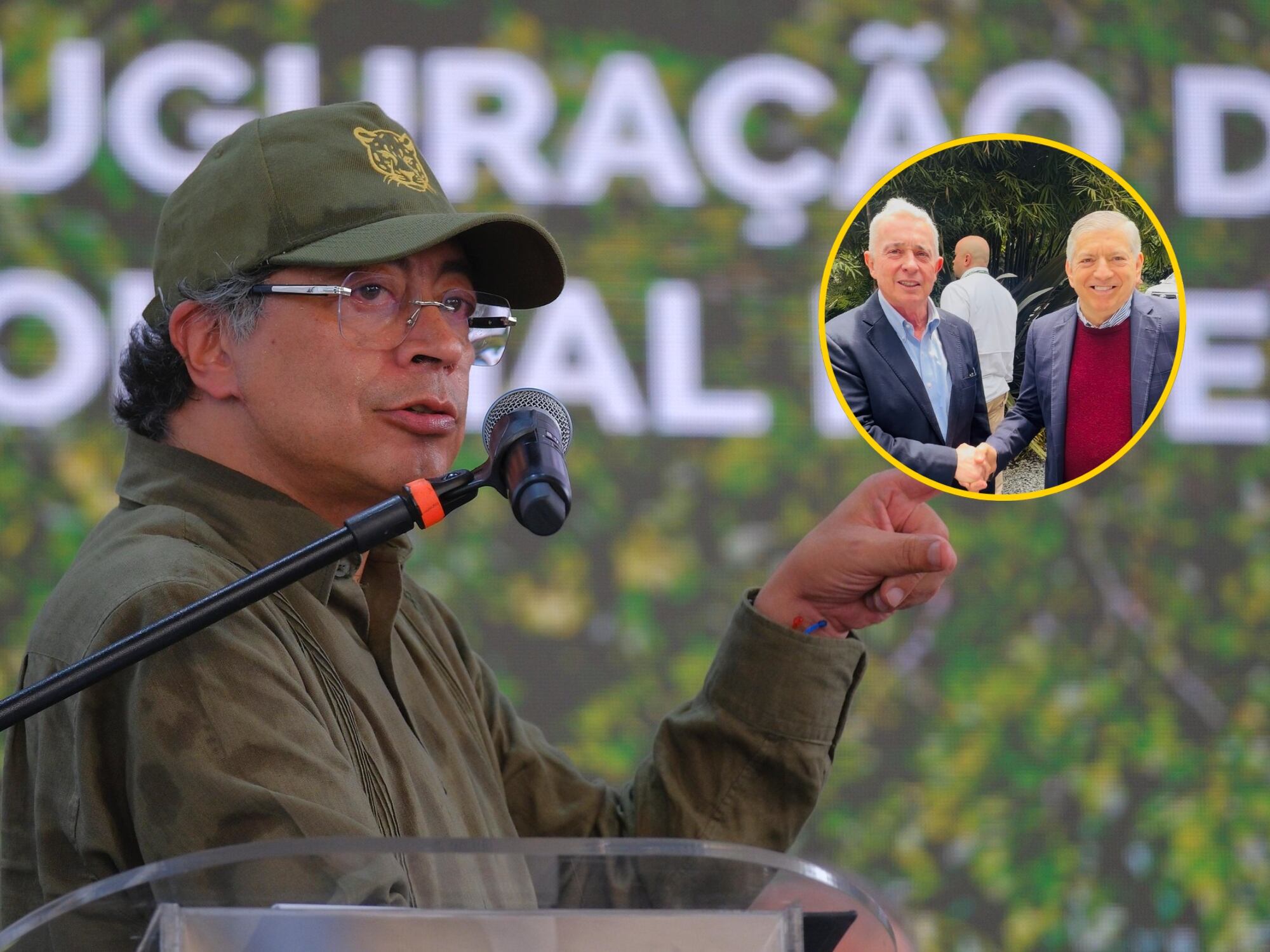 Gustavo Petro. En el círculo, Álvaro Uribe y César Gaviria. Fotos: Getty Images y suministrada.