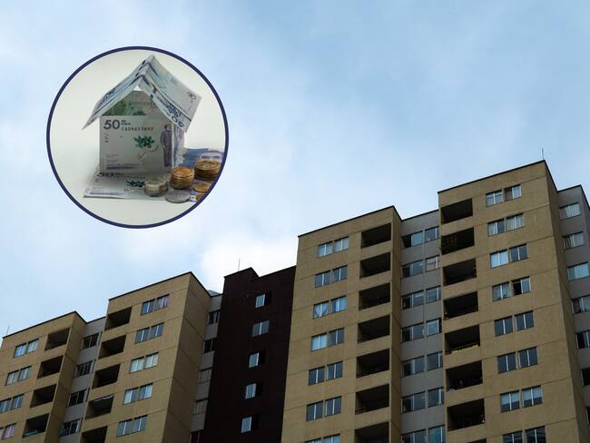 Conjunto de apartamentos ubicados en Colombia. En el círculo, imagen de billetes colombianos formando la figura de una casa (Fotos vía GettyImages)