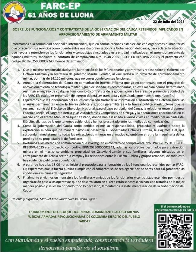 Comunicado de las disidencias de las Farc por posible liberación de los contratistas secuestradosen el departamento del Cauca. Foto: suministrada.