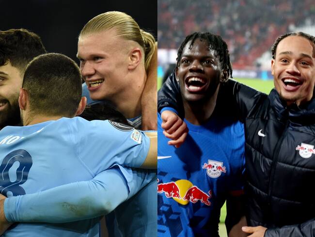 Jugadores del Manchester City (izquierda) y jugadores del RB Leipzig (derecha) celebran su clasificación a los octavos de final del la Champions League 2023/24. Fotos: EFE.