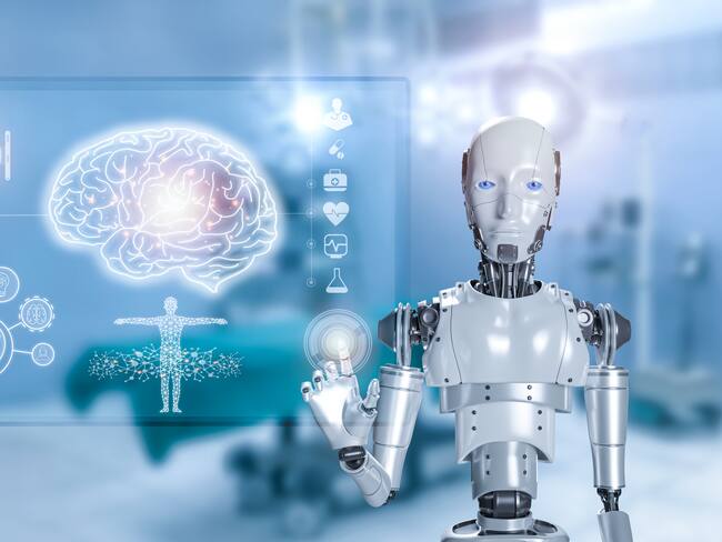 Artificial intelligence robot analyzing for human brain and body , Technology and Science concept. Digital transformation futuristics and disruptive innovation internet of things