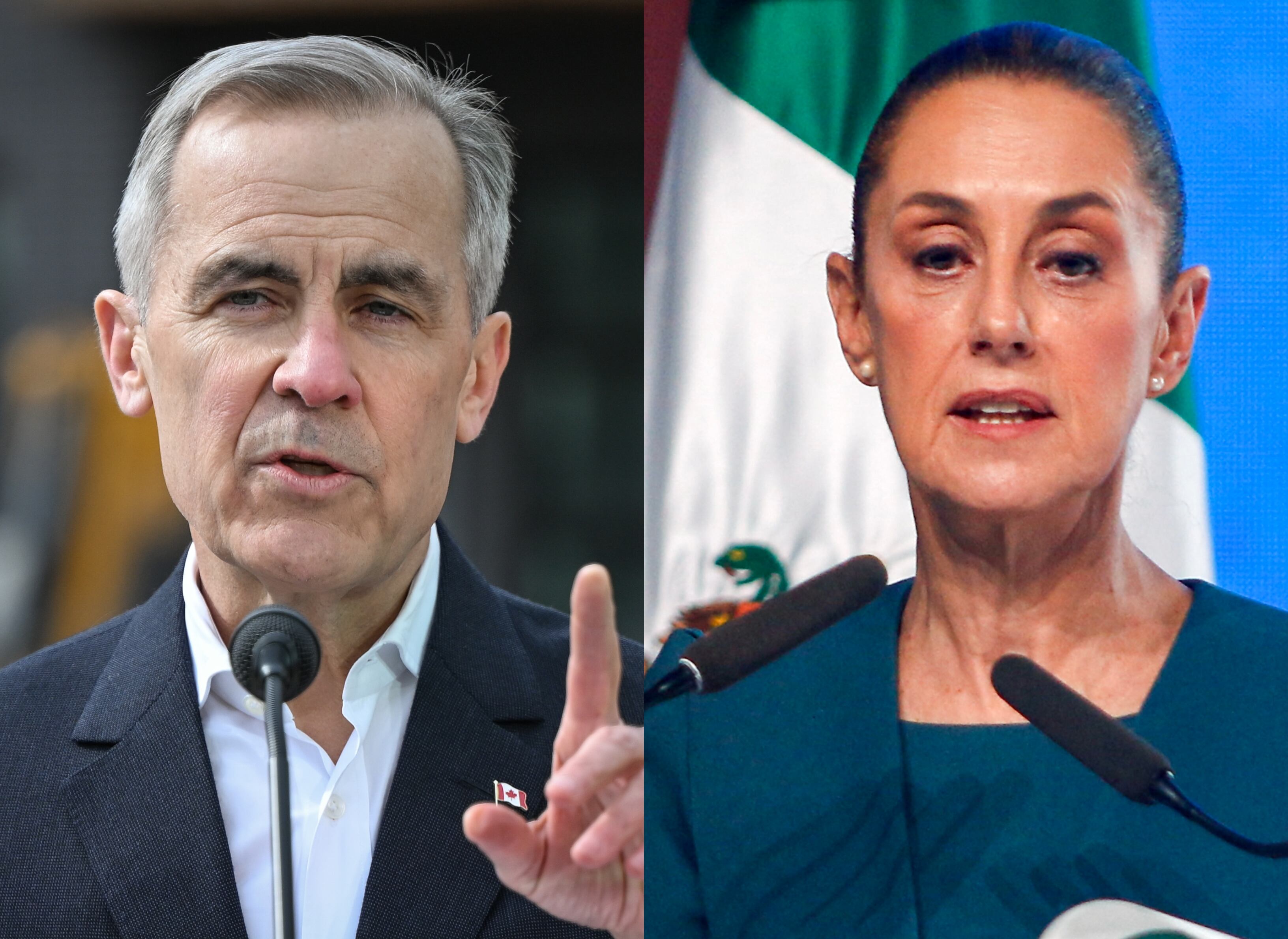 Primer ministro canadiense Mark Carney. FOTO: Artur Widak/NurPhoto /Getty Images. Presidenta de México, Claudia Sheinbaum. FOTO: JULIO CESAR AGUILAR/AFP /Getty Images