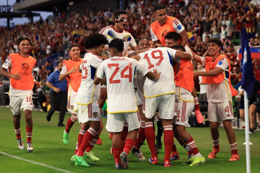 Eric Ramirez of Venezuela celebrates with teammates after scoring a goal in the second half during the CONMEBOL Copa America 2024 Group B match between Jamaica and Venezuela at Q2 Stadium on June 30, 2024 in Austin, Texas. (Photo by Buda Mendes/Getty Images)