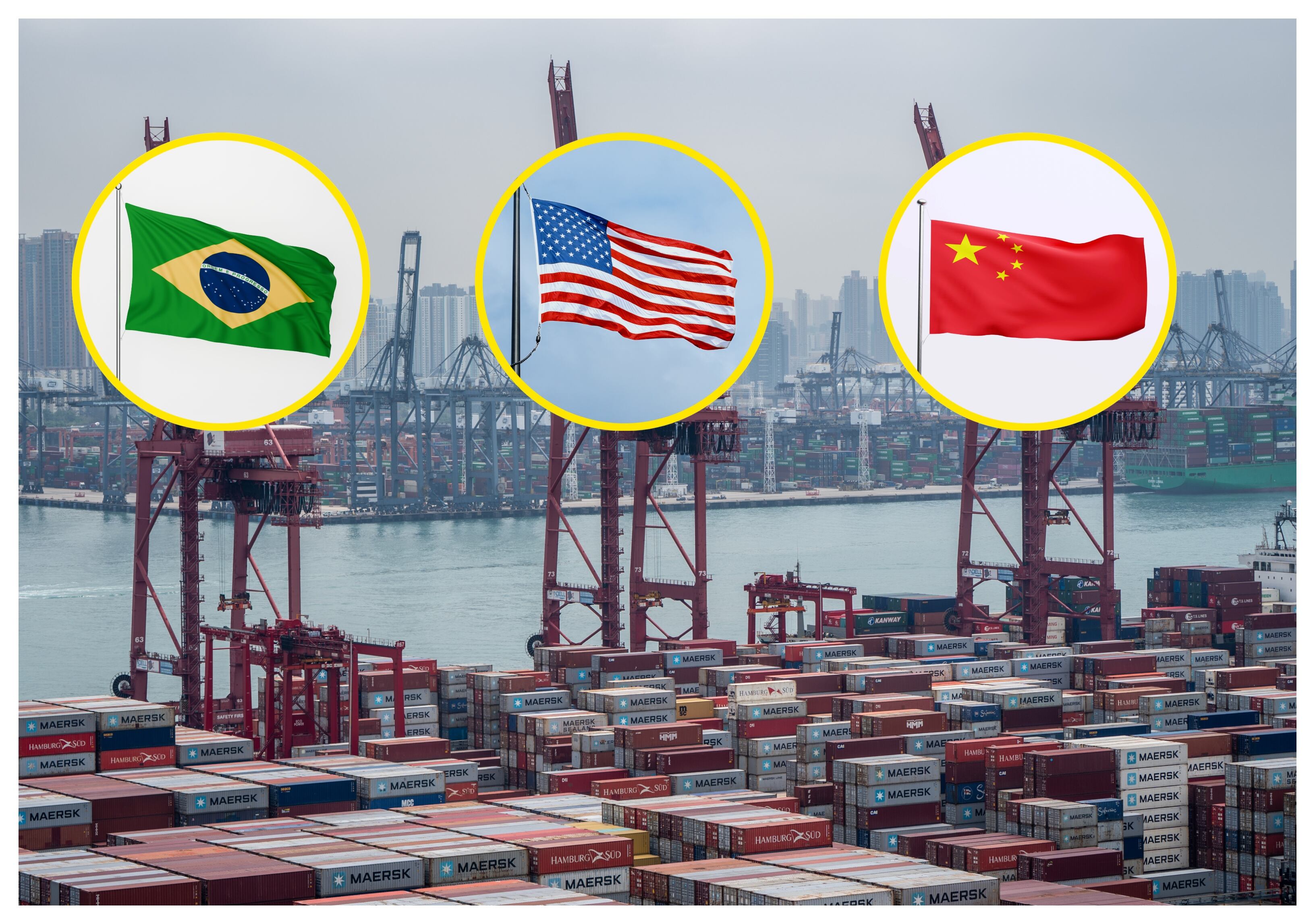 Referencia de aranceles, banderas de Brasil, EE.UU y China. Foto: NurPhoto vía Getty Images.