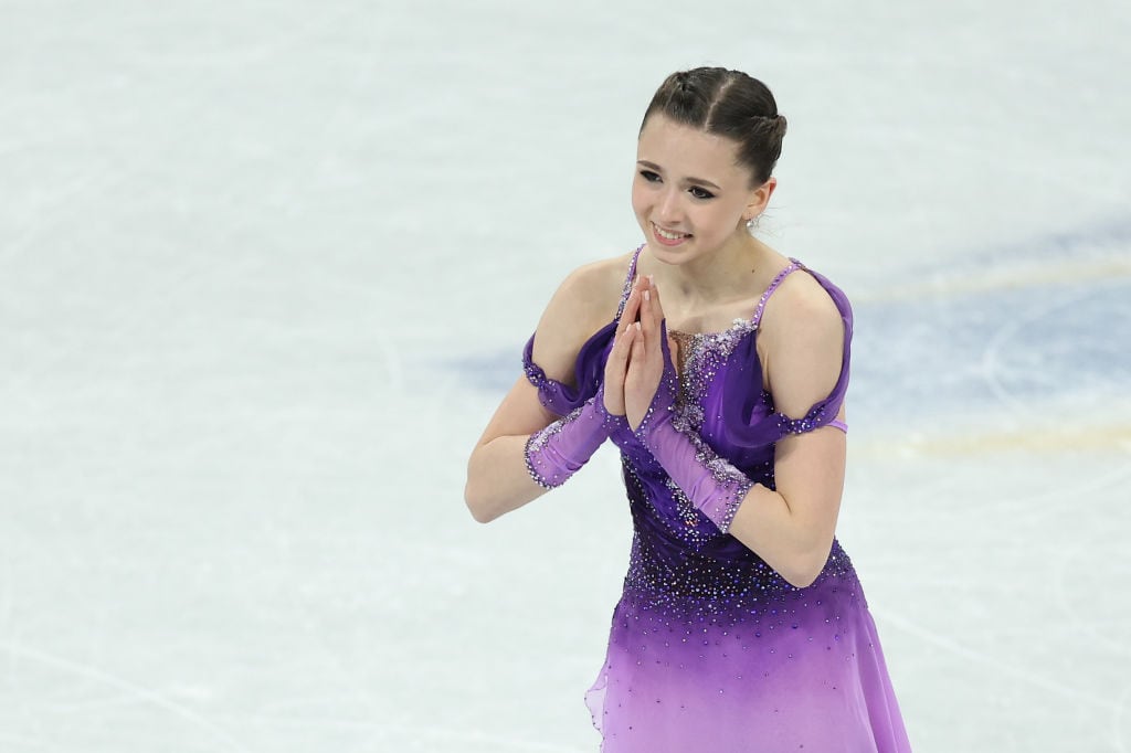 BEIJING, CHINA - FEBRUARY 06: Kamila Valieva of Team ROC reacts during the Women Single Skating Short Program Team Event on day two of the Beijing 2022 Winter Olympic Games at Capital Indoor Stadium on February 06, 2022 in Beijing, China. (Photo by Matthew Stockman/Getty Images)