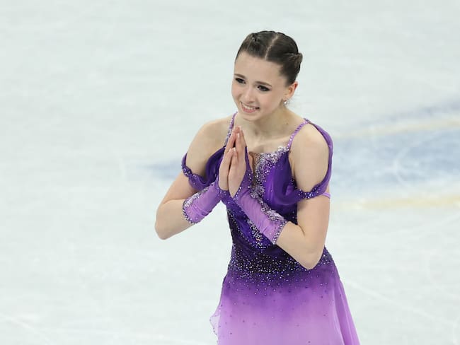 BEIJING, CHINA - FEBRUARY 06: Kamila Valieva of Team ROC reacts during the Women Single Skating Short Program Team Event on day two of the Beijing 2022 Winter Olympic Games at Capital Indoor Stadium on February 06, 2022 in Beijing, China. (Photo by Matthew Stockman/Getty Images)
