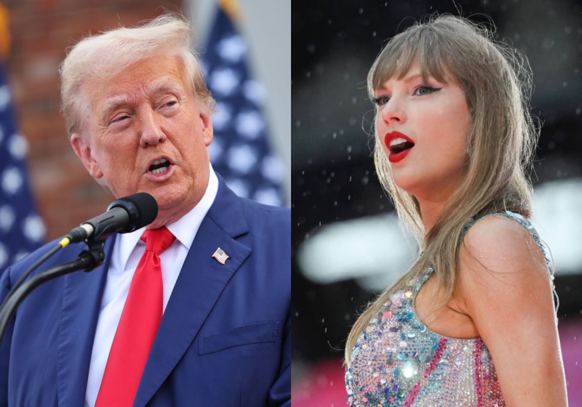 Donald Trump y Taylor Swift. Foto: (Photo by Michael M. Santiago/Getty Images) /  (Photo by Gregor Fischer/TAS24/Getty Images for TAS Rights Management )