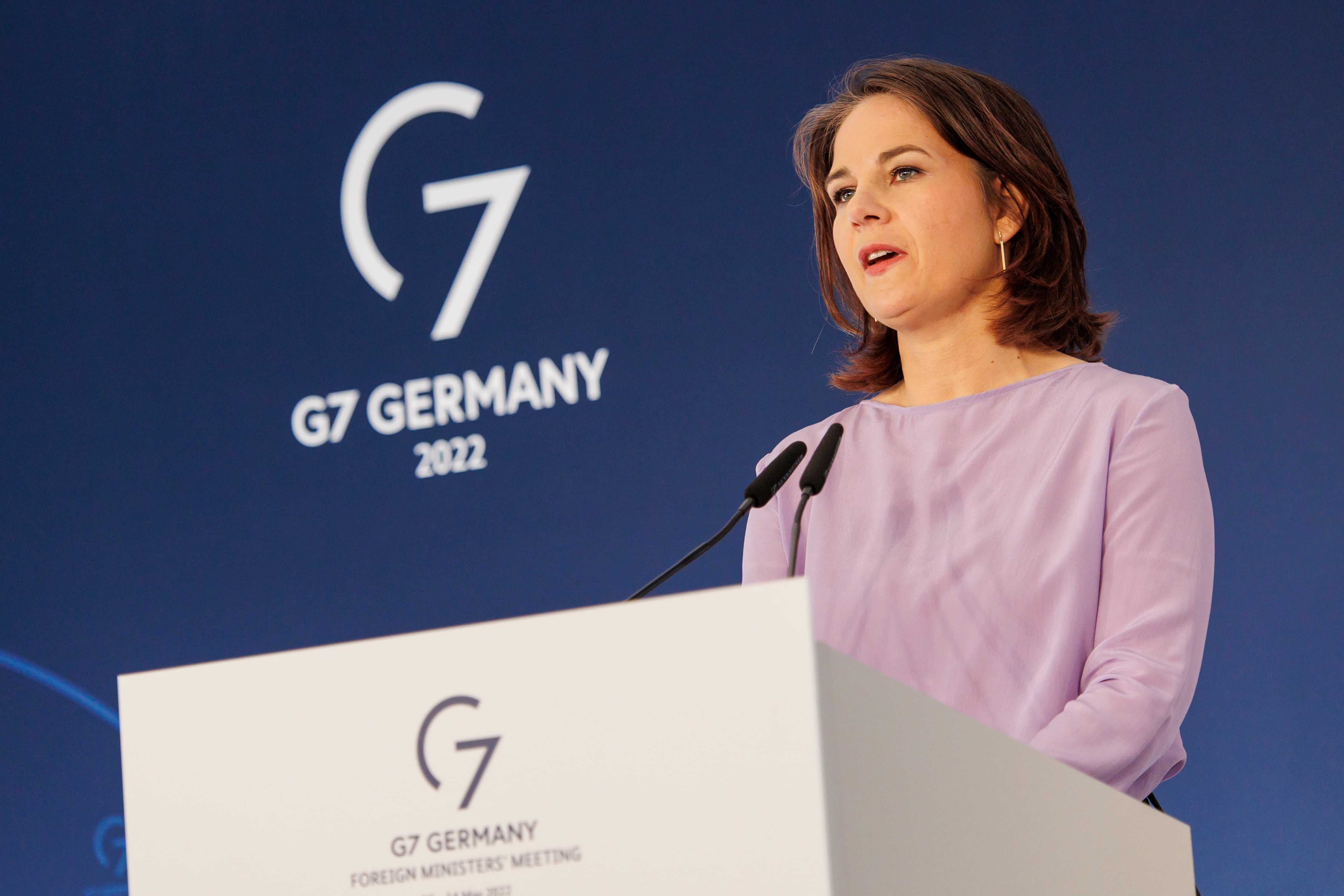 OLDENBURG IN HOLSTEIN, GERMANY - MAY 14: German Foreign Minister Annalena Baerbock speaks at a press conference after the meeting of foreign minister of the G7 member states at the Schlossgut Weissenhaus venue on May 14, 2022 near Oldenburg in Holstein, Germany. The three-day conference is focusing on the current Russian war in Ukraine. The foreign ministers of Ukraine and Moldova are also attending. (Photo by Morris MacMatzen/Getty Images)