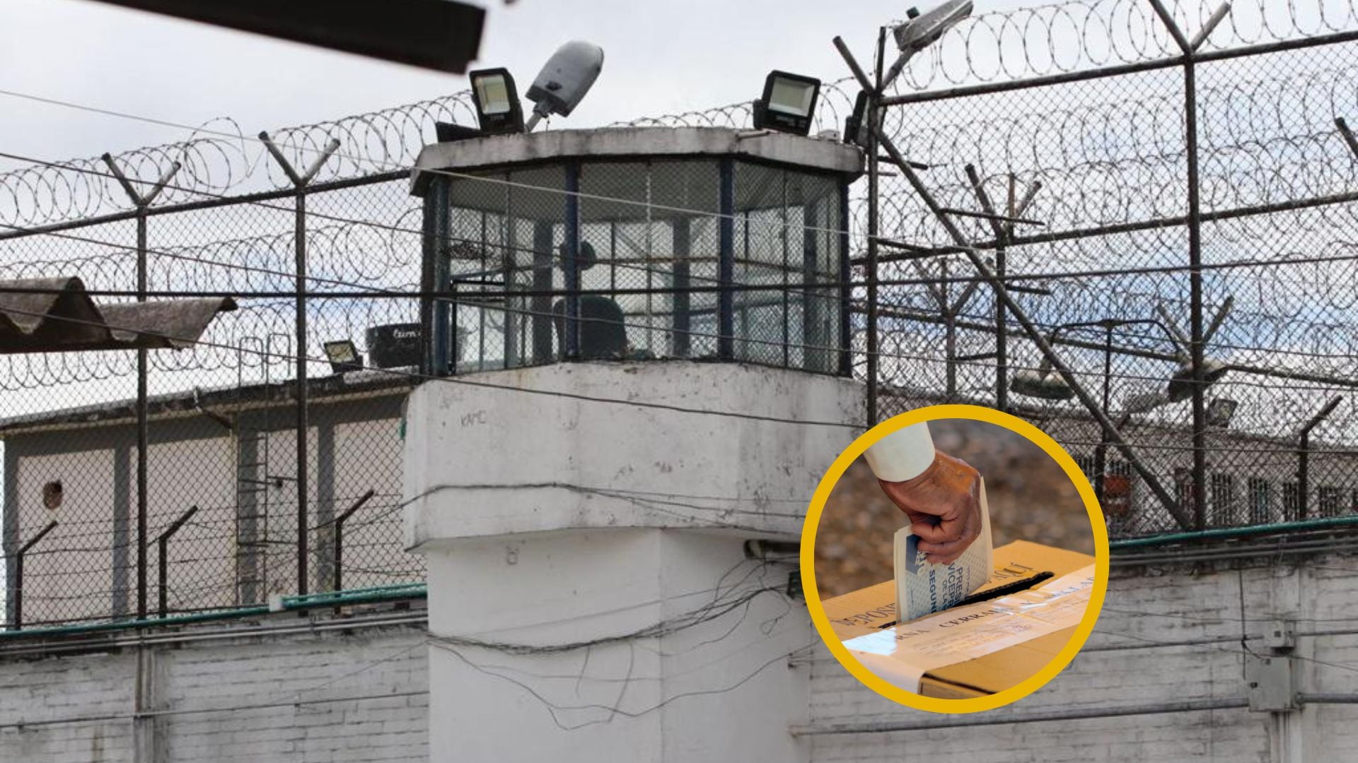 De fondo imagen de la cárcel La Modelo en Bogotá. En el círculo una persona ejerciendo su derecho al voto / Fotos: Colprensa