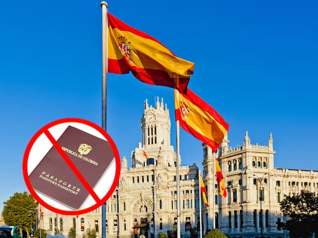 Plaza de la Cibeles en España. En el círculo, imagen de referencia de no tener pasaporte vigente (GettyImages)