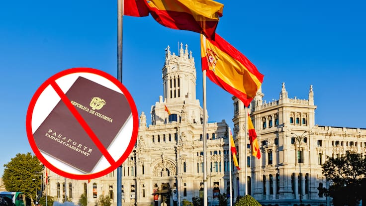 Plaza de la Cibeles en España. En el círculo, imagen de referencia de no tener pasaporte vigente (GettyImages)