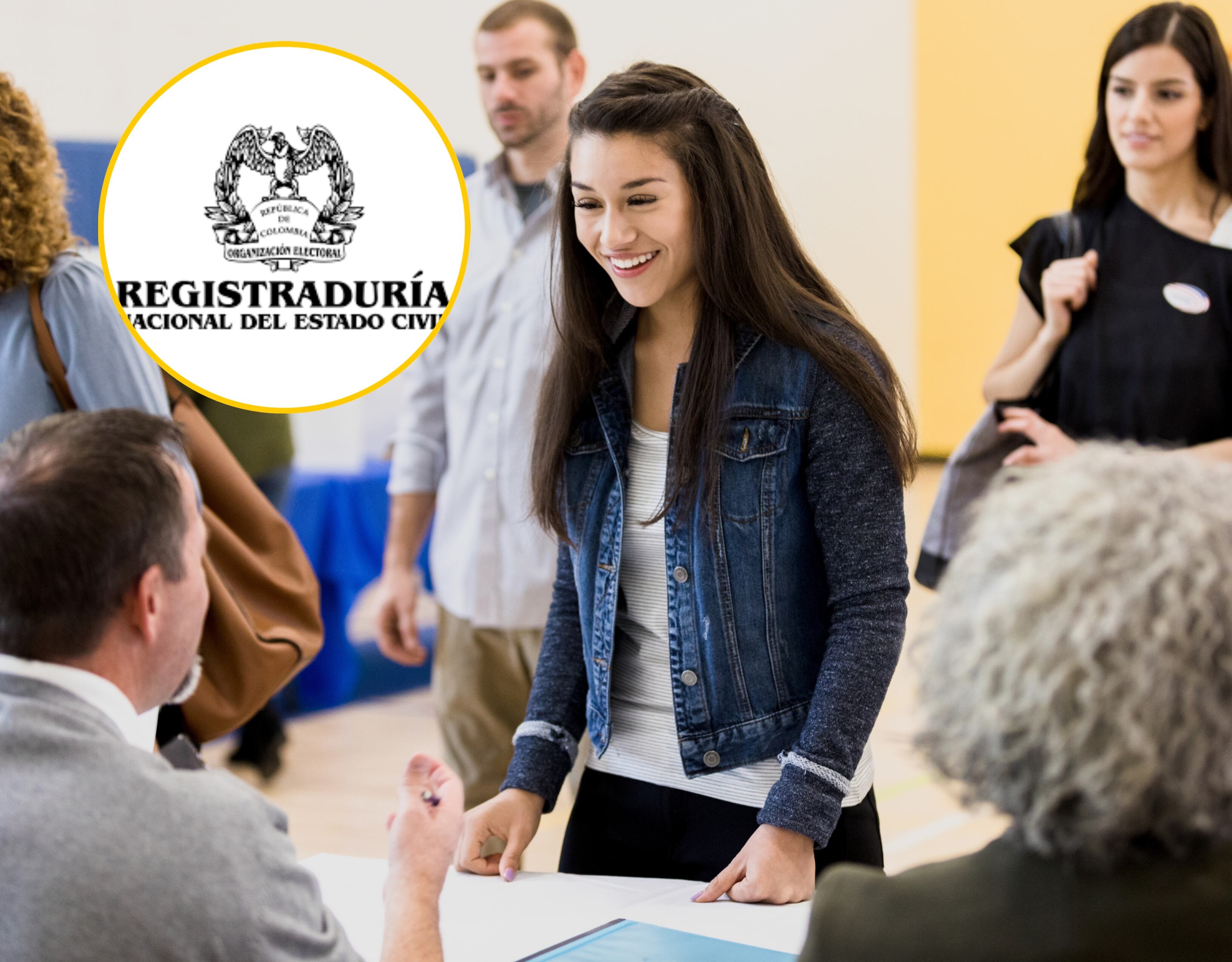 Referencia de joven inscribiéndose como candidata al Consejo de Juventud y logo de la Registraduría. Foto: Getty Images y página de la Registraduría Nacional. 