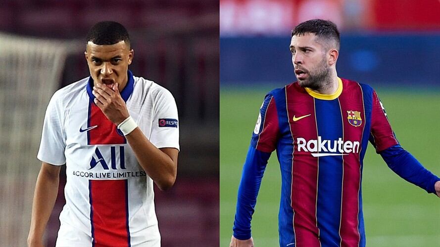 Kylian Mbappé amenazó a Jordi Alba en el partido entre el PSG y el Barcelona. Foto: Getty Images: Alex Caparros - UEFA/UEFA - Fran Santiago