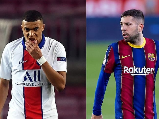 Kylian Mbappé amenazó a Jordi Alba en el partido entre el PSG y el Barcelona. Foto: Getty Images: Alex Caparros - UEFA/UEFA - Fran Santiago
