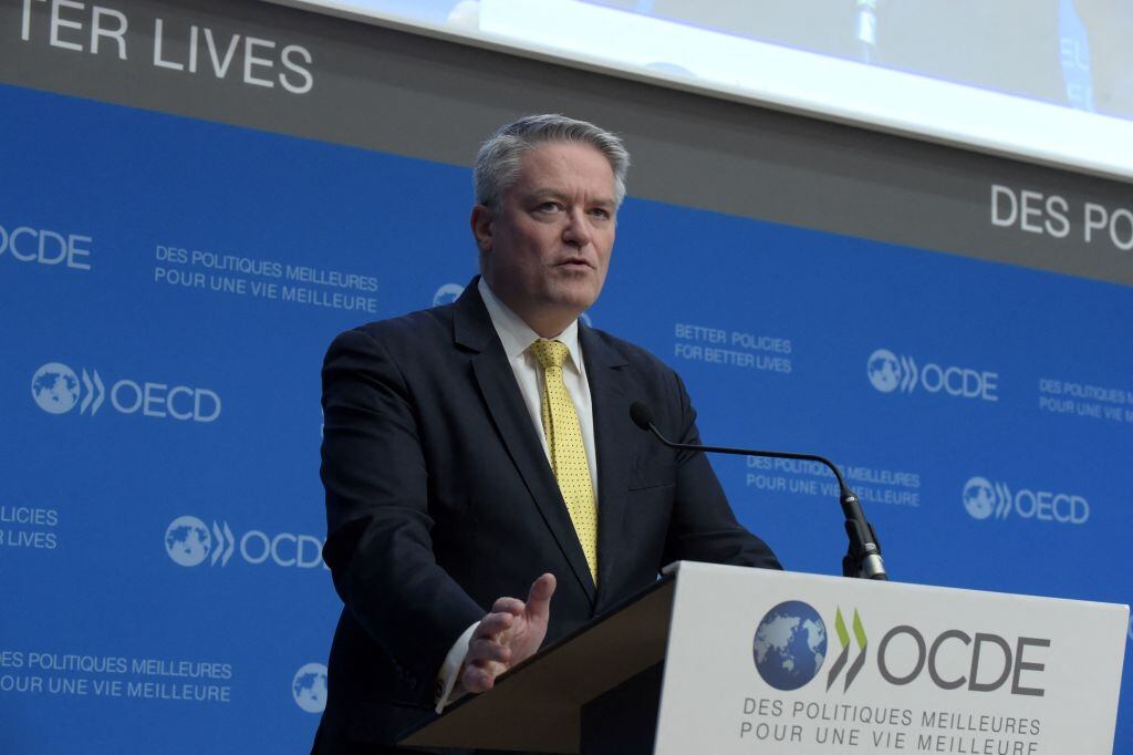 OECD Secretary General Mathias Cormann talks during a press conference about the impacts and policy implications of the war in Ukraine at the OECD headquarters in Paris on March 17, 2022. (Photo by Eric PIERMONT / AFP) (Photo by ERIC PIERMONT/AFP via Getty Images)