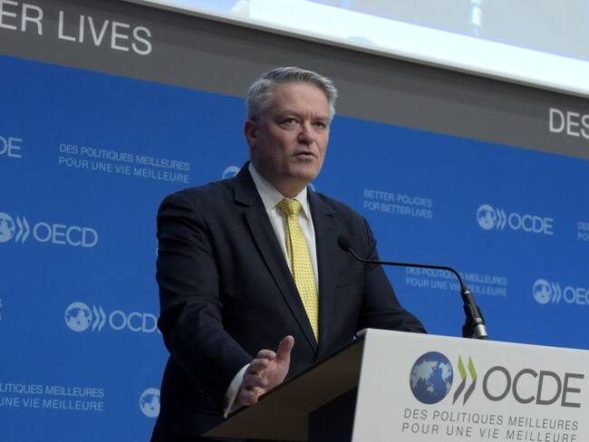 OECD Secretary General Mathias Cormann talks during a press conference about the impacts and policy implications of the war in Ukraine at the OECD headquarters in Paris on March 17, 2022. (Photo by Eric PIERMONT / AFP) (Photo by ERIC PIERMONT/AFP via Getty Images)