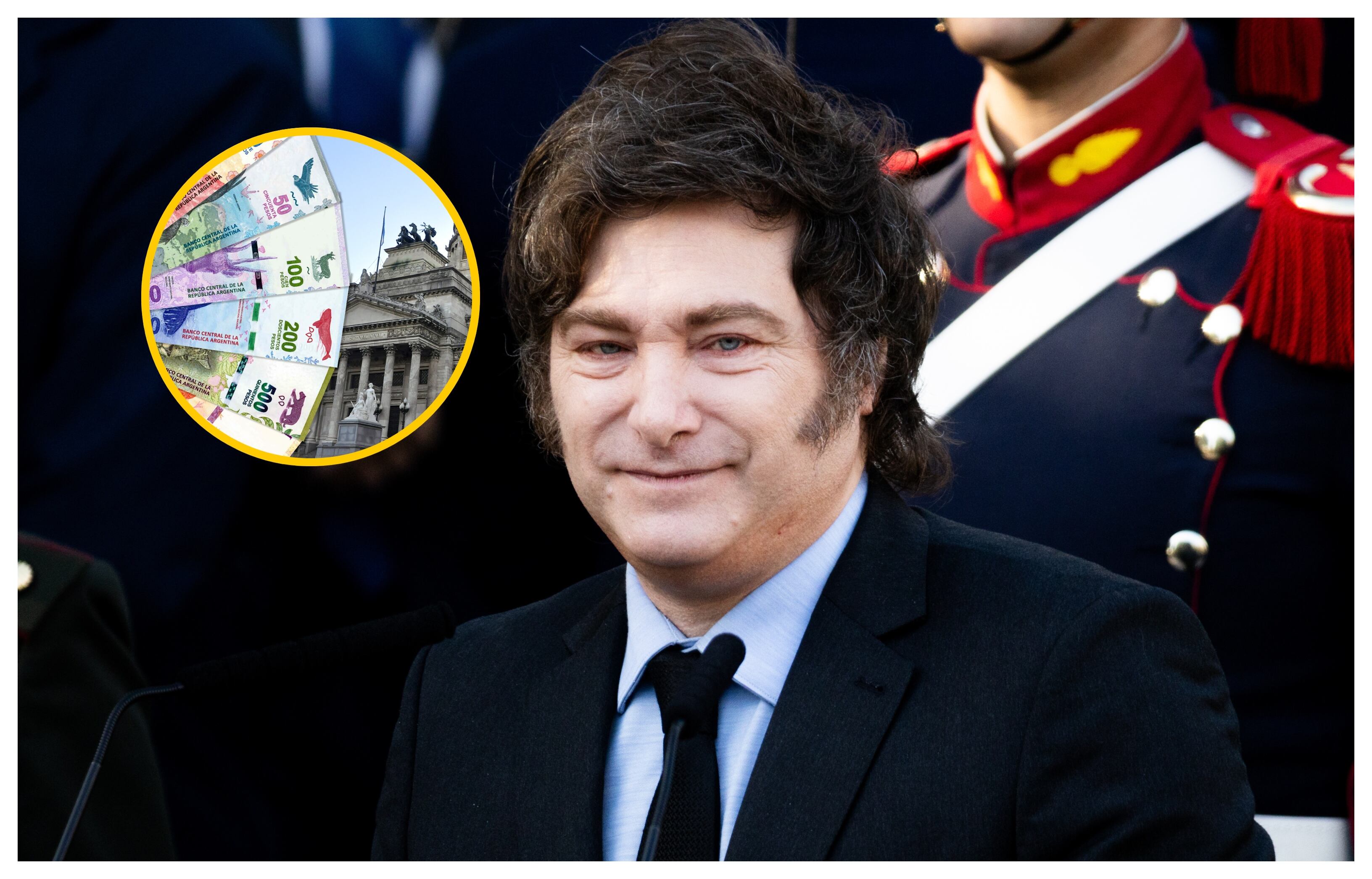 Milei y referencia de salario mínimo. Foto: Tomas Cuesta y Javier Ghersi /Getty Images.