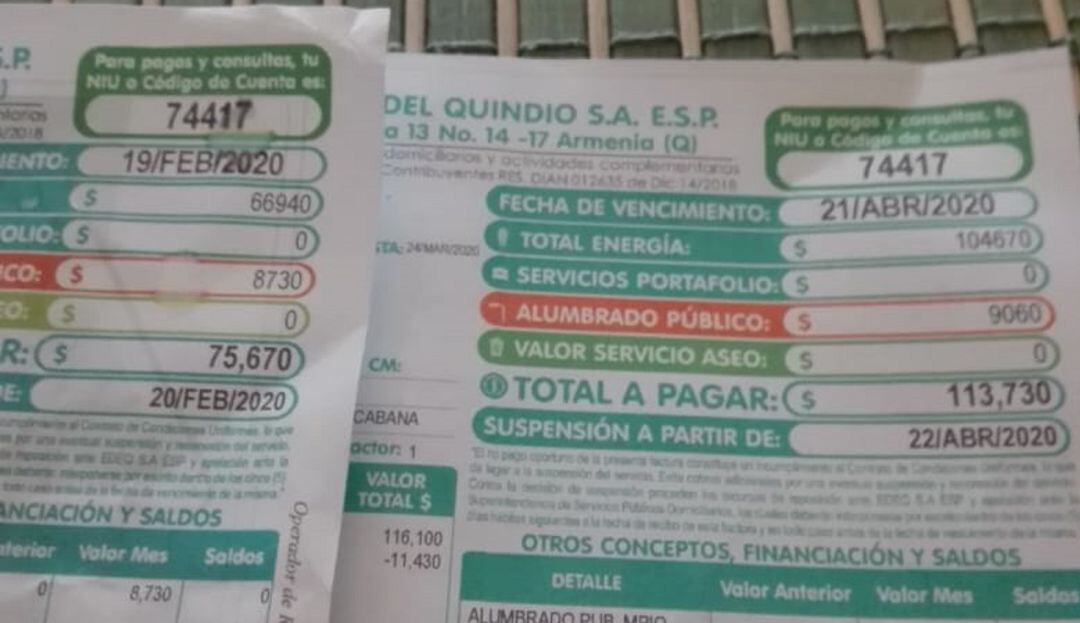 Uno de los ejemplos del incremento en la factura del servicio de energía en el Quindío