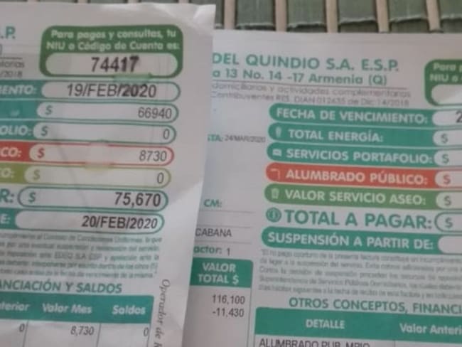 Uno de los ejemplos del incremento en la factura del servicio de energía en el Quindío