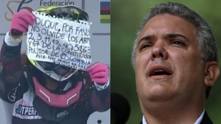 Ciclista Paola Parra con su cartel en la Copa Mundo de BMX y presidente de la República, Iván Duque. Foto: Instagram: @paolosa_soyyo / Colprensa - Sergio Acero