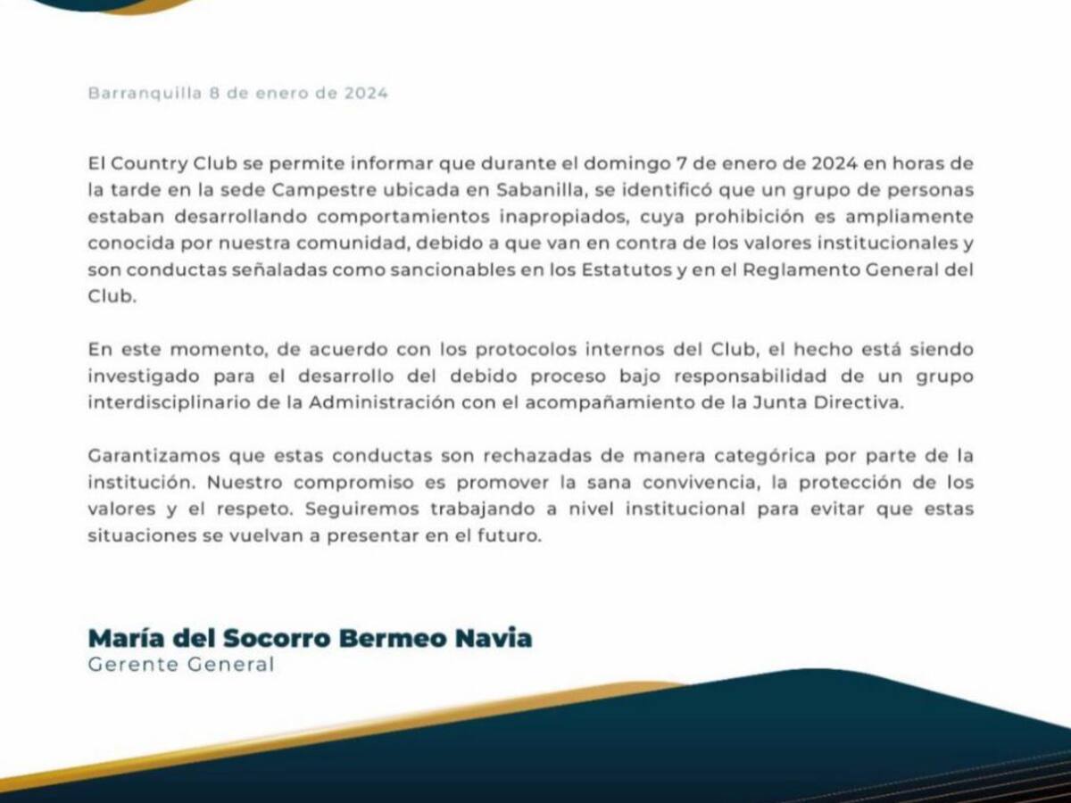 Country Club de Barranquilla rechazó “conductas inapropiadas” en sus instalaciones