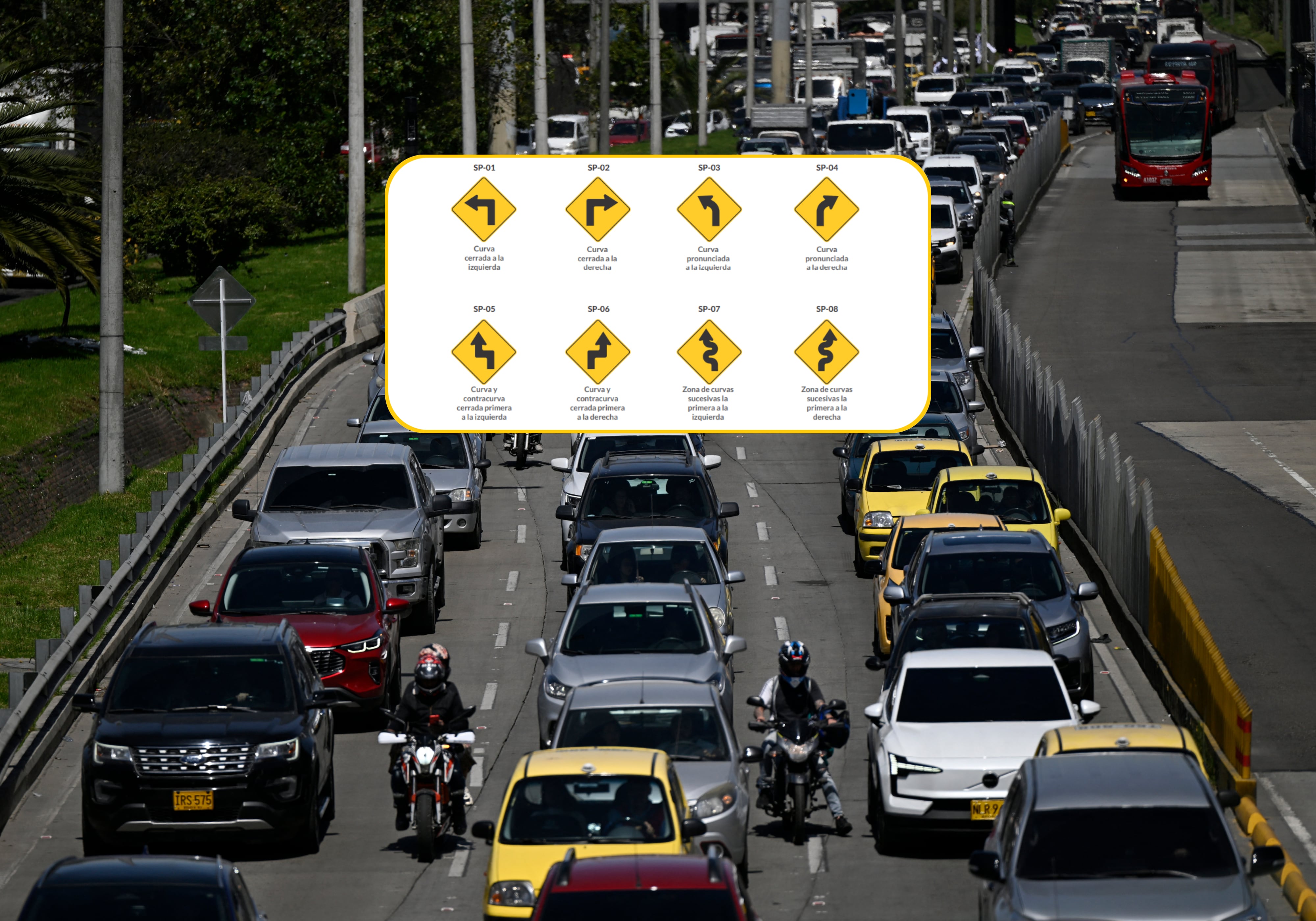 Imagen del tráfico en Bogotá (Pablo Vera/AFP vía Getty Images) y algunas señales de características geométricas de las vías (Captura de pantalla del Manual de Señalización Vial)