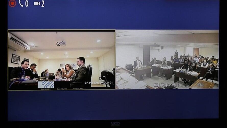 Los brasileños Luiz Antonio Bueno, Luiz Mameri, y Luiz Eduardo Da Rocha Suárez participan, vía videoconferencia, en el juicio que se sigue contra José Elías Melo por el caso Odebrecht. . Foto: Colprensa