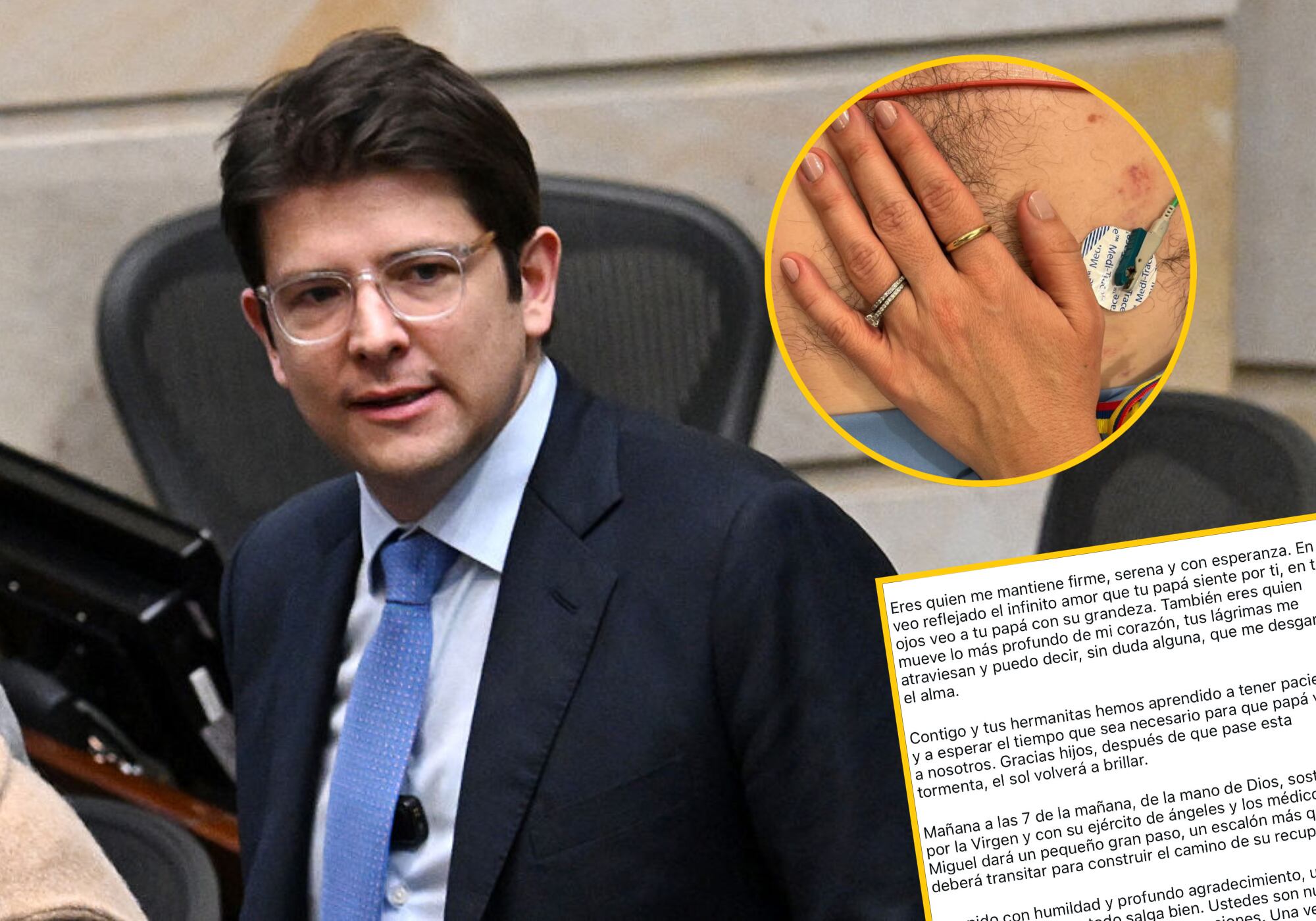 Senador Miguel Uribe y publicaciones de su esposa, Claudia Tarazona. Fotos:  (Photo by Raul ARBOLEDA / AFP) (Photo by RAUL ARBOLEDA/AFP via Getty Images) / Redes sociales