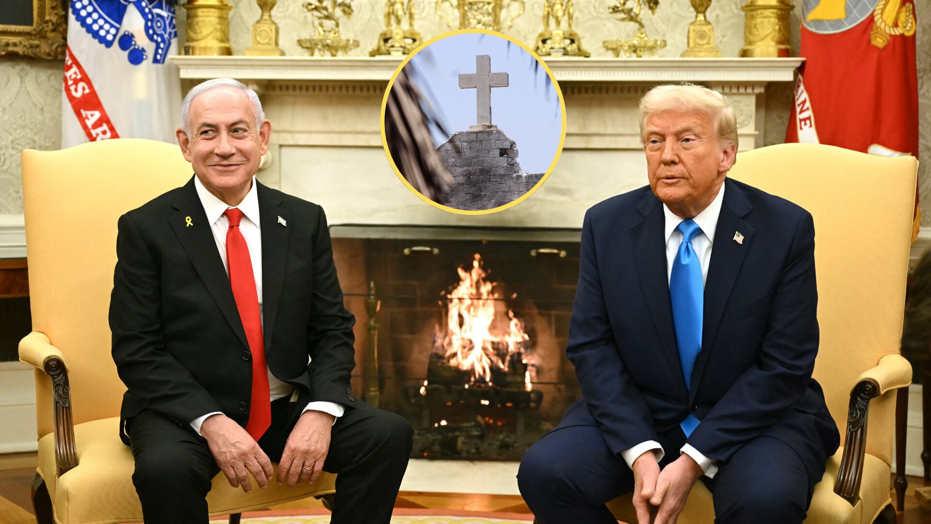 Donald Trump. Foto: ANDREW CABALLERO-REYNOLDS/AFP via Getty Images - Iglesia de Gaza. Foto: OMAR AL-QATTAA/AFP via Getty Images