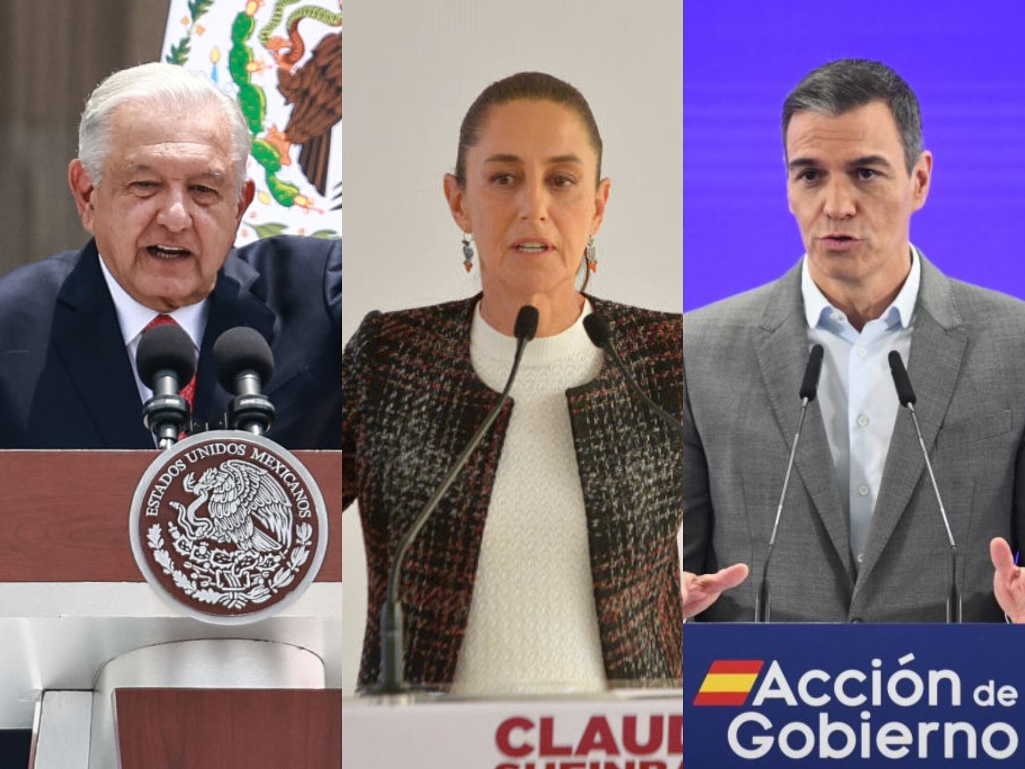 Andrés Manuel López Obrador, Caludia Sheinbaum y Pedro Sánchez. I Fotos: Getty Images.