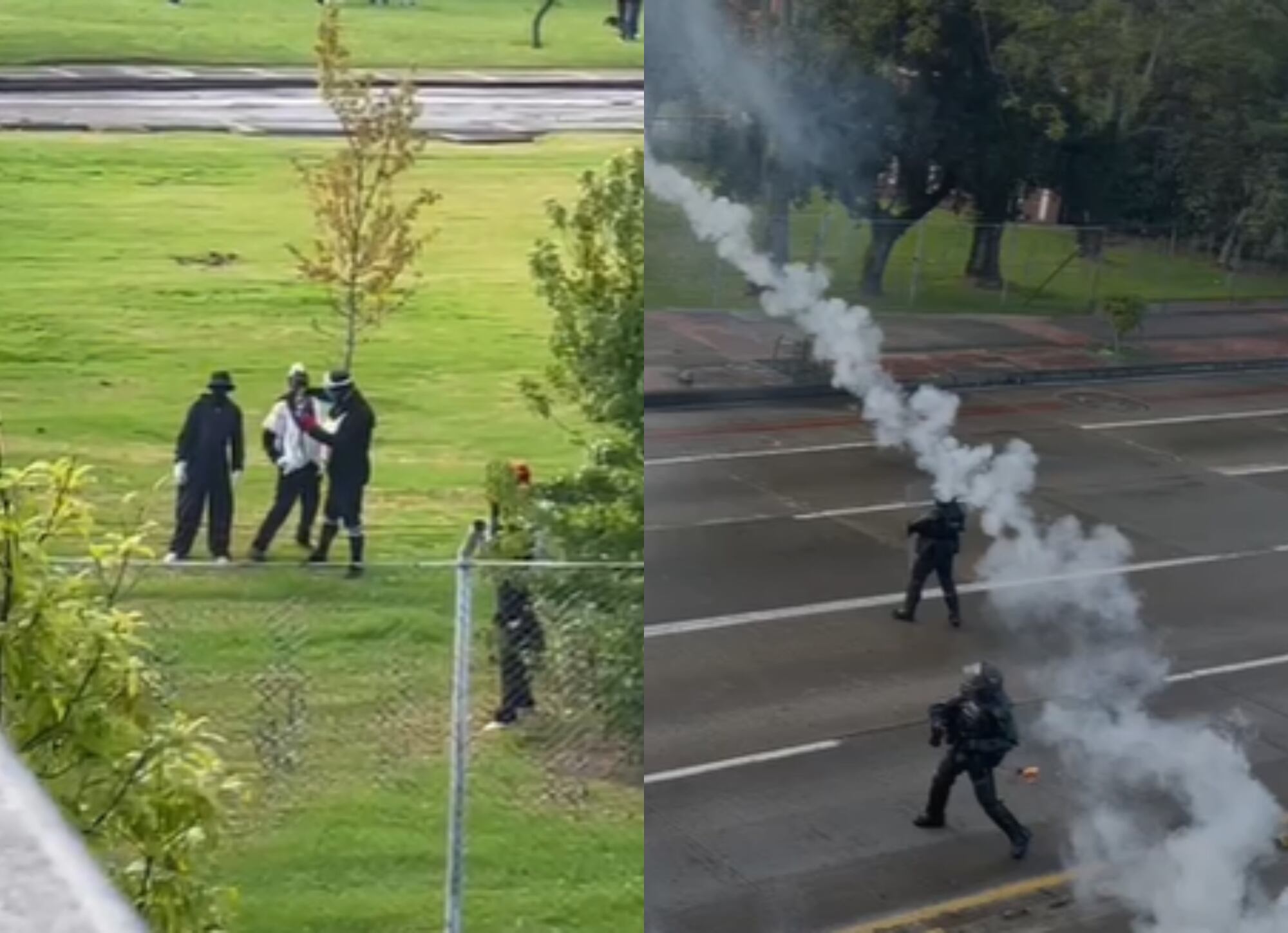 Encapuchados y uniformados de la Policía se enfrentan sobre la Universidad Nacional de Bogotá. Foto: capturta pantalla video W Radio
