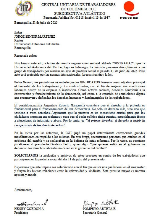 Comunicado CUT: Central Unitaria de Trabajadores, CUT.