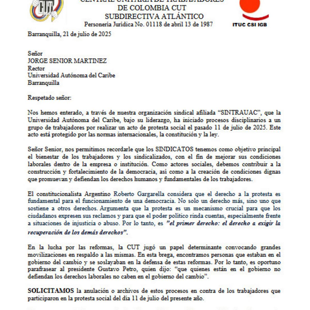 Uniautónoma abrió procesos disciplinarios a trabajadores que participaron en protestas, según la CUT