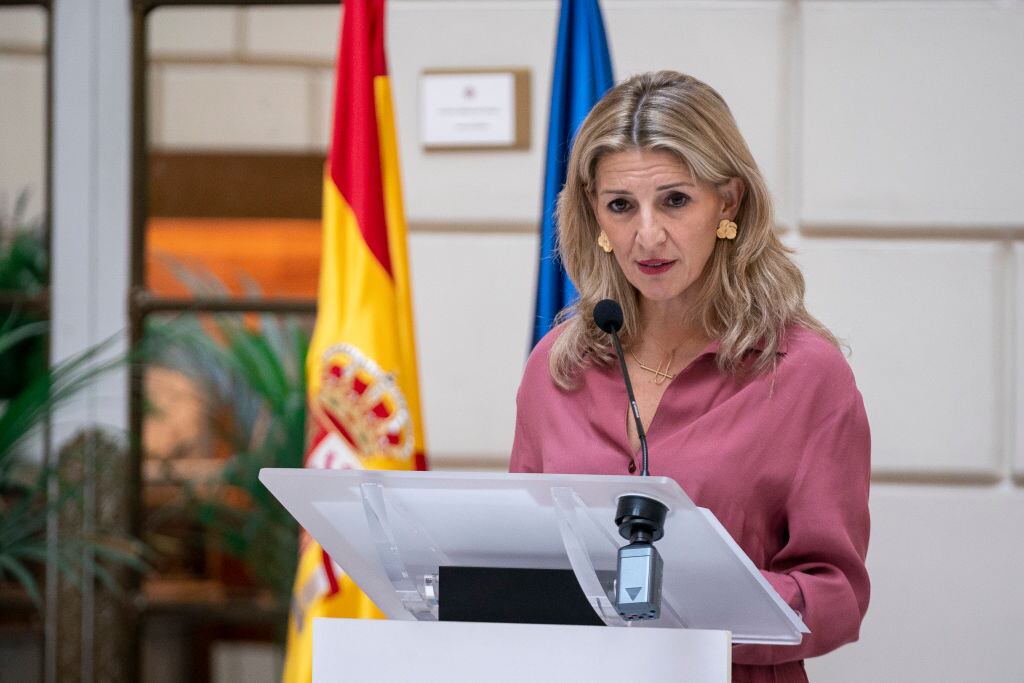 MADRID, SPAIN - NOVEMBER 22: The second vice-president and minister of Labor and Social Economy, Yolanda Diaz, speaks during the presentation of the Agreement for the effective investigation of crimes against the life, health and physical integrity of workers at the headquarters of the State Attorney General's Office, on 22 November, 2022 in Madrid, Spain. The agreement is signed between the General Council of the Judiciary (CGPJ), the Public Prosecutor's Office, the Ministry of the Interior, the Ministry of Justice and the Ministry of Labor and Social Economy for the Effective and Rapid Investigation of Crimes against the Life, Health and Physical Integrity of Workers and the Enforcement of Convictions, as well as to raise social awareness of this problem. (Photo By A. Perez Meca/Europa Press via Getty Images)