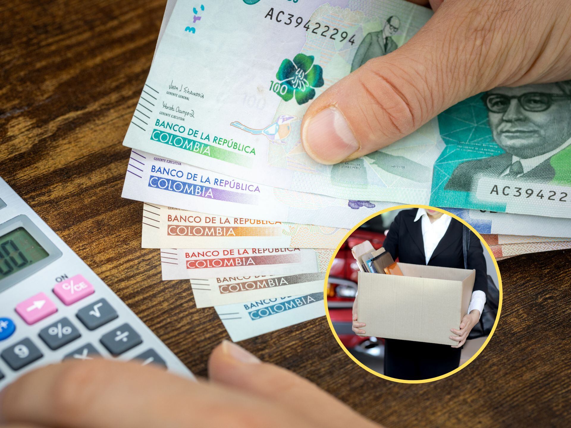 De fondo, una persona con dinero colombiano de diferente denominación y utilizando una calculadora. En el círculo, la imagen de una persona siendo despedida / Fotos: GettyImages