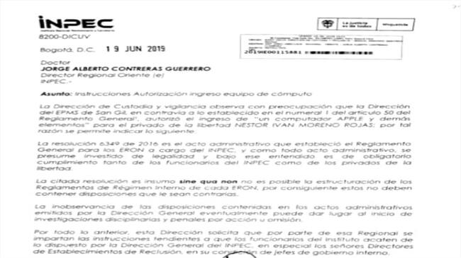 Según un oficio dirigido al INPEC, el exsenador, Iván Moreno, estuvo recibiendo beneficios como ingreso de computadores a la cárcel de San Gil, Santander .. Foto: suministrada.