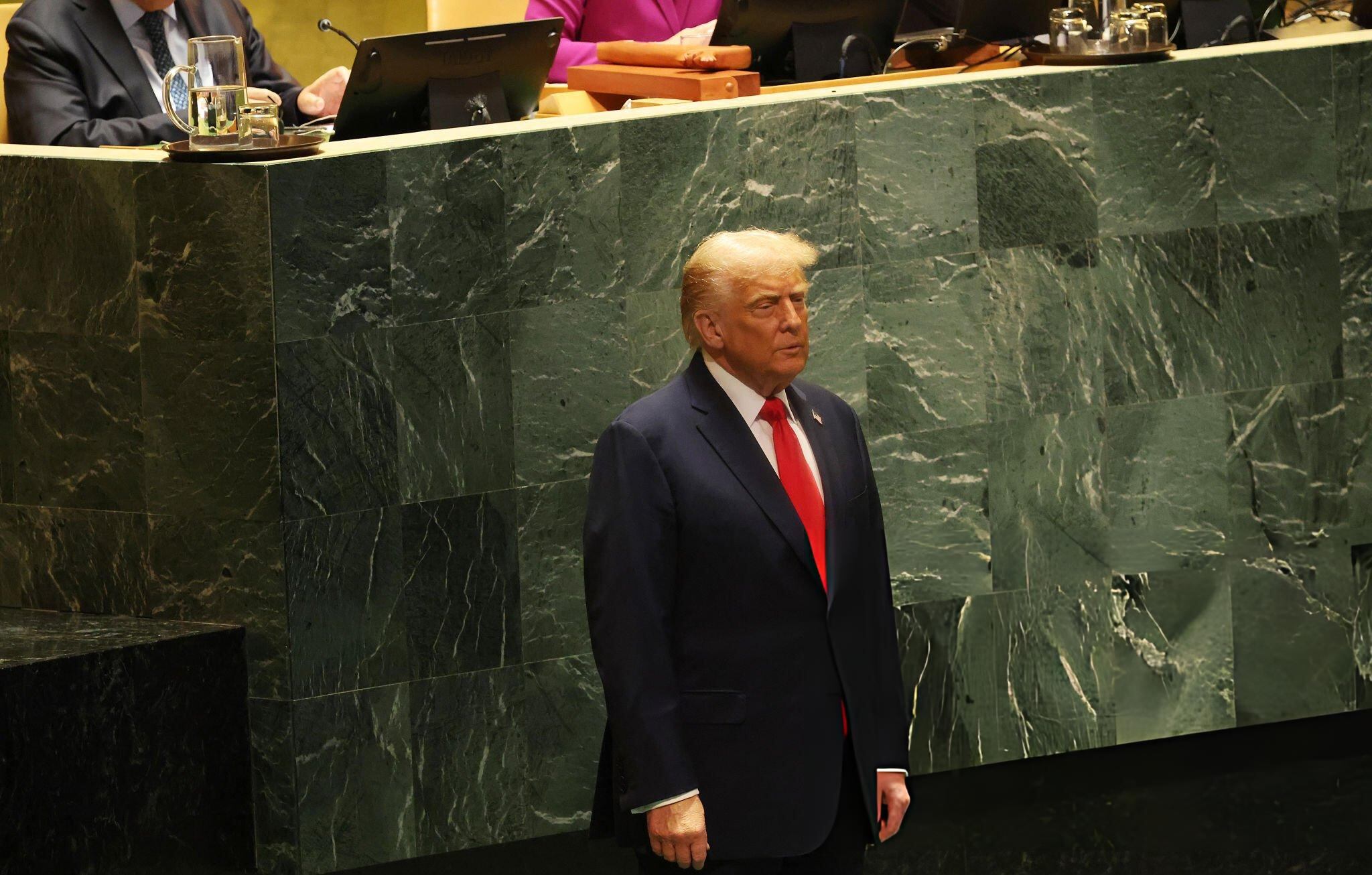 El presidente de los Estados Unidos, Donald Trump, en la 80° Asamblea General de la ONU. FOTO: Spencer Platt/Getty Images