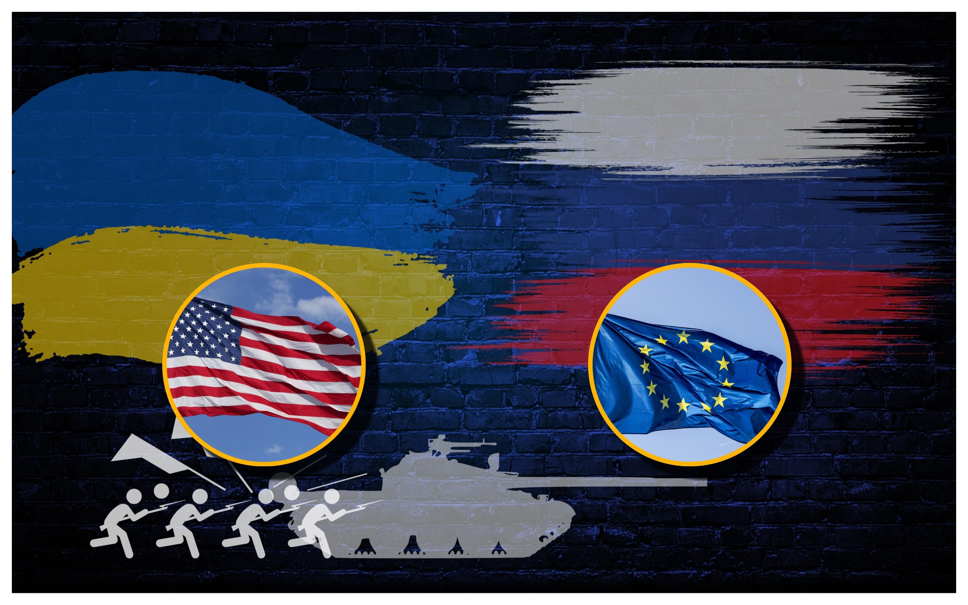 Banderas de Rusia, Ucrania, EE.UU. y UE. Foto: Eduardo R/fhm/Royce Bair vía Getty Images.