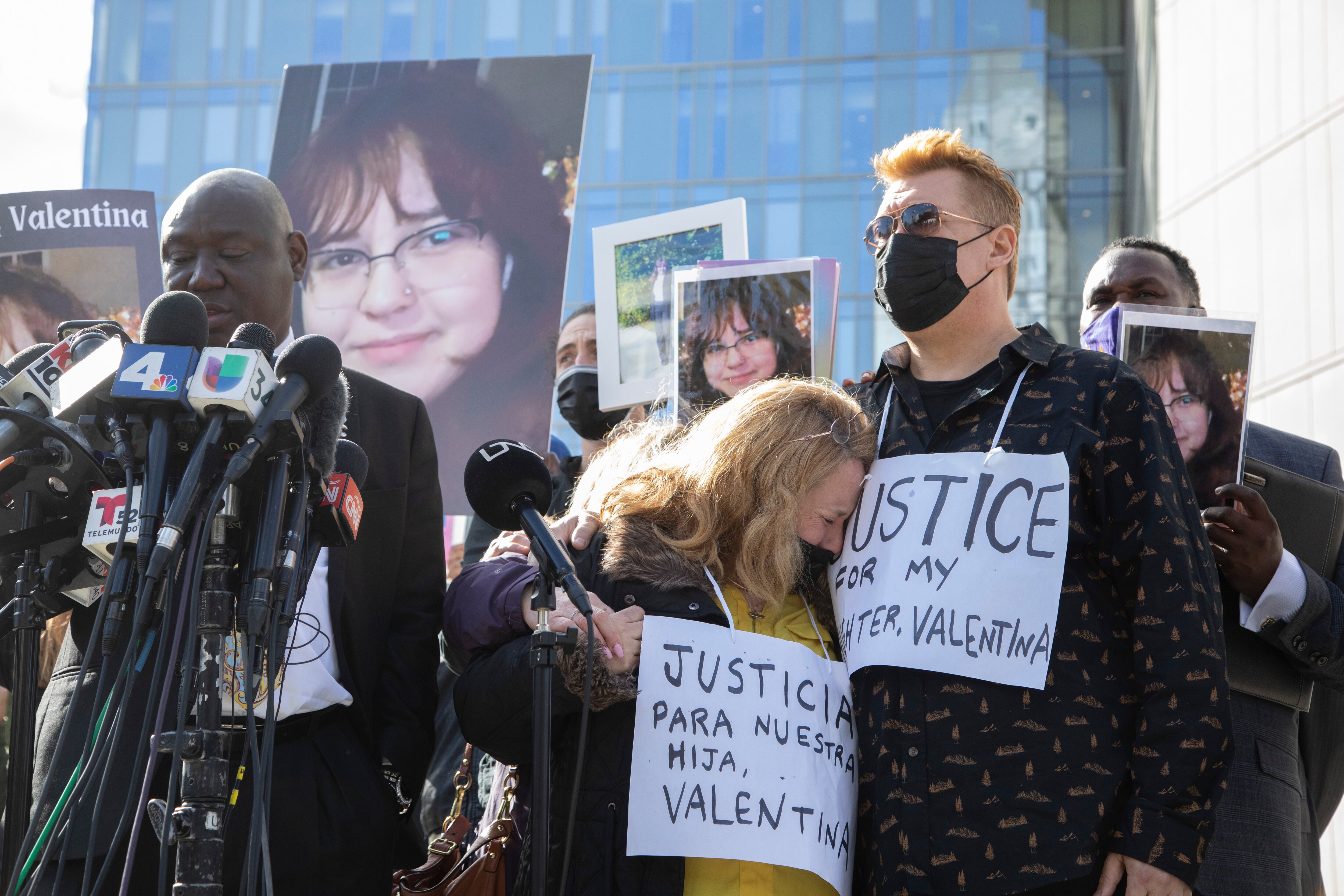 LOS ANGELES, CA - DECEMBER 28: Attorney Benjamin Crump said he is seeking justice for the family of Valentina Orellana-Peralta during a press conference on Tuesday, Dec. 28, 2021 with parents Soledad Peralta and Juan Pablo Orellana Larenas. The 14-year-old girl was  killed by a stray bullet fired by an LAPD officer at a North Hollywood clothing store last week. (Myung J. Chun / Los Angeles Times via Getty Images)