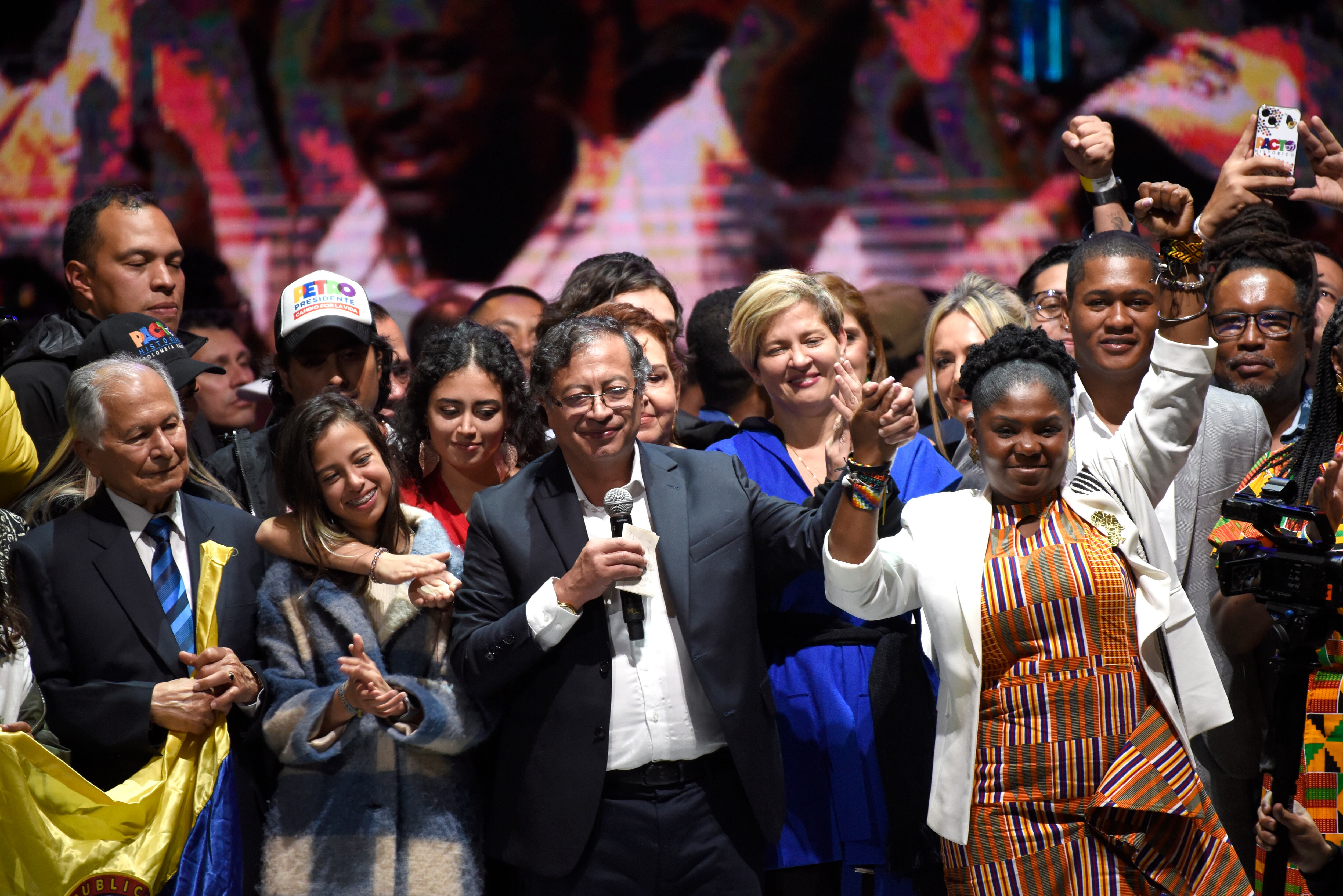 BOGOTA, COLOMBIA - JUNE 19: Newly elected President of Colombia Gustavo Petro and Vice-President Francia Marquez of Pacto Historico coalition celebrate after winning the presidential runoff on June 19, 2022 in Bogota, Colombia. (Photo by Guillermo Legaria/Getty Images)