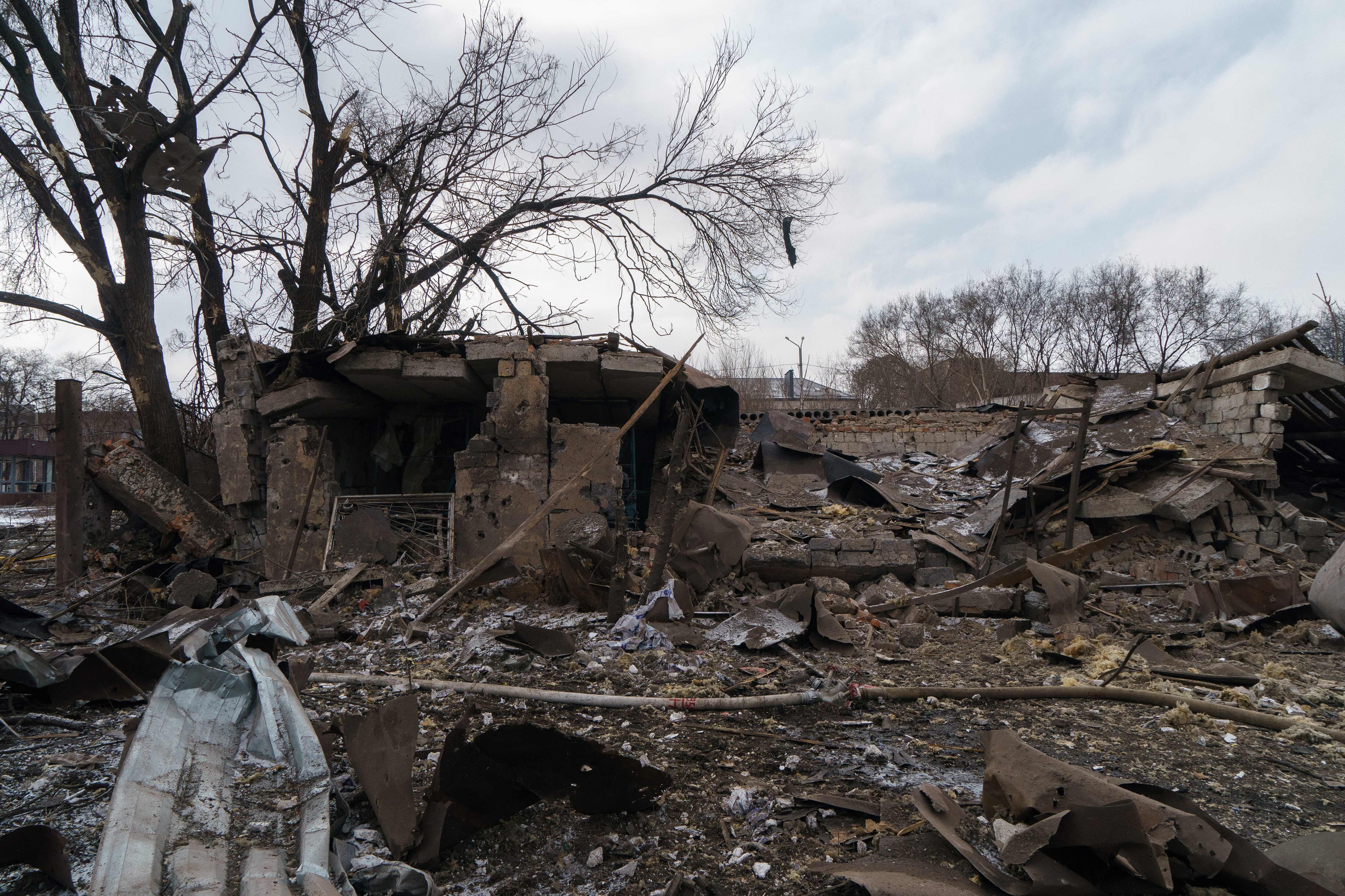 A picture shows a destroyed shoe factory following an airstrike in Dnipro on March 11, 2022. - Civilian targets came under Russian shelling in the central Ukrainian city of Dnipro on March 11, killing one, emergency services said, in what appeared to be the first direct attack on the city. (Photo by emre caylak / AFP) (Photo by EMRE CAYLAK/AFP via Getty Images)