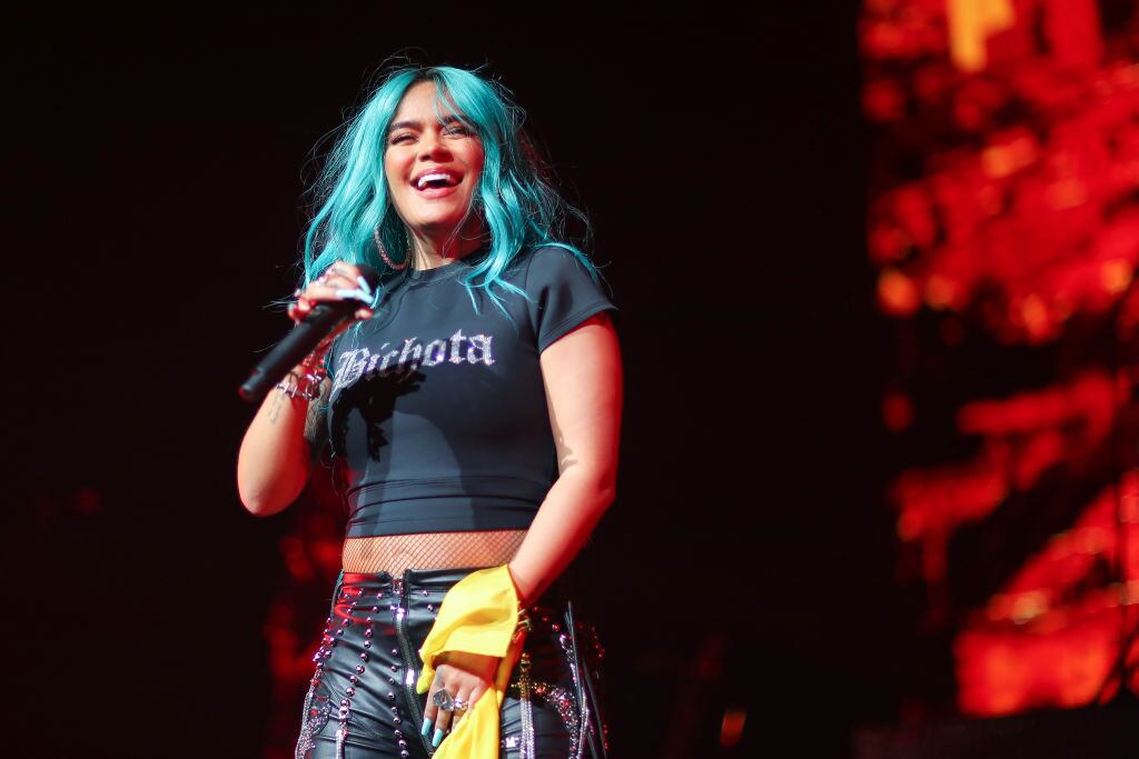 GRAND PRAIRIE, TX - DECEMBER 09: Karol G performs on stage during her 'Bichota' Tour at Texas Trust CU Theatre on December 9, 2021 in Grand Prairie, Texas. (Photo by Omar Vega/Getty Images)