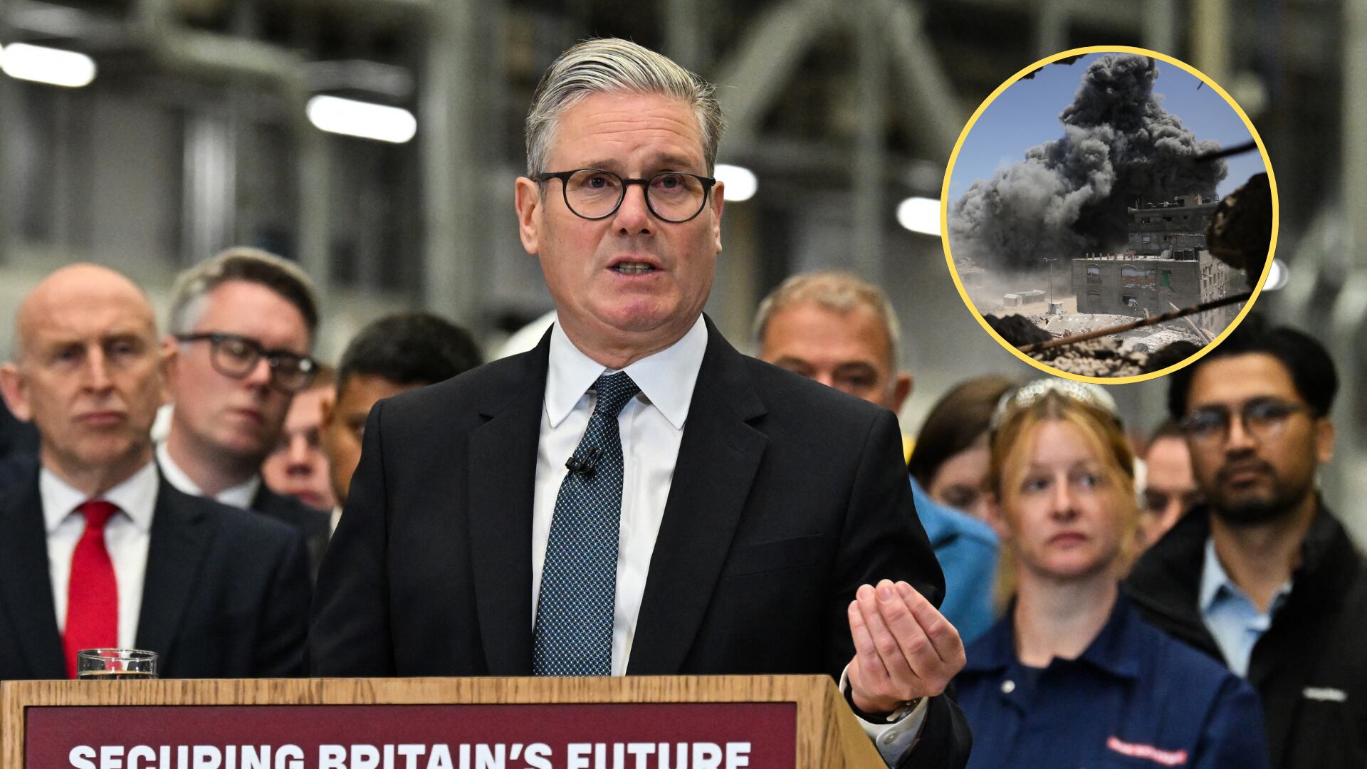 Keir Starmer. Foto: Getty Images. — Ataque en Gaza. Foto: Getty Images.