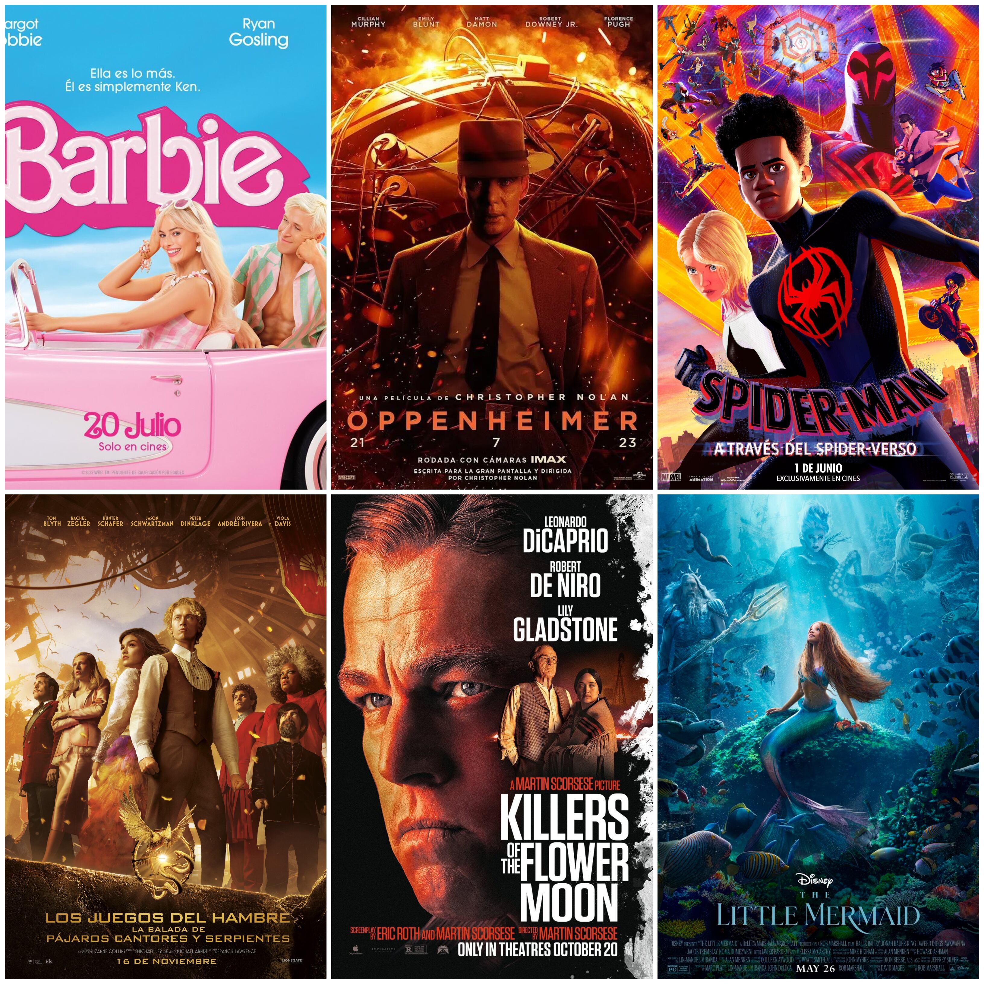De izquierda a derecha están los pósters de las películas: 'Barbie', 'Oppenheimer', 'Spider-Man: Across the Spiderverse', 'Los juegos del hambre: balada de pájaros cantores y serpientes', 'Killers of the Flower Moon' y 'La Sirenita' / Fotos: redes sociales