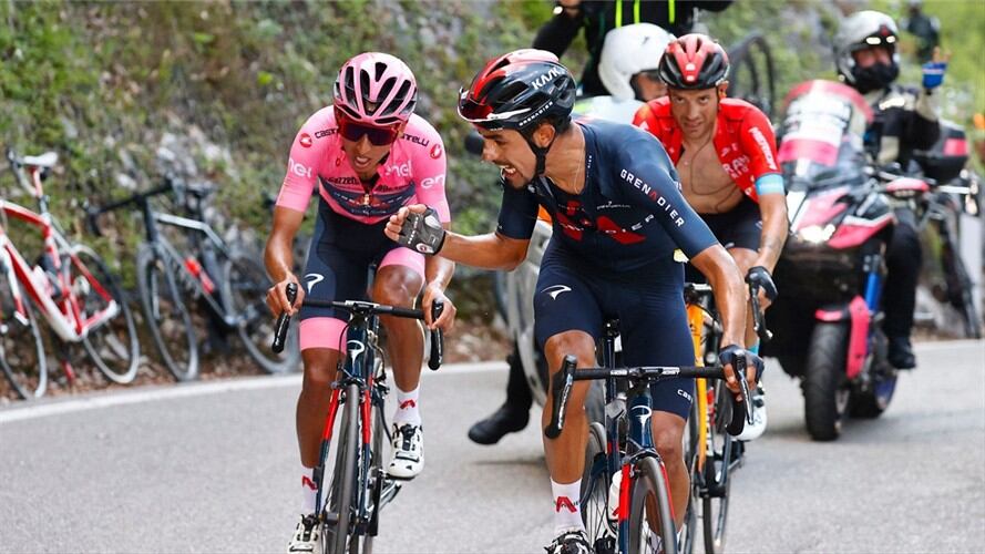 Ciclistas colombianos Egan Bernal y Daniel Felipe Martínez. Foto: LUCA BETTINI/POOL/AFP via Getty Images