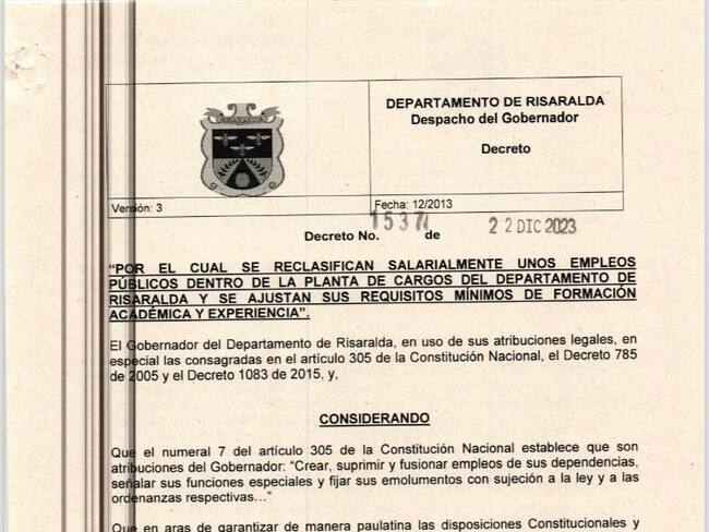 Foto: Decreto de reclasificación Gobernación de Risaralda