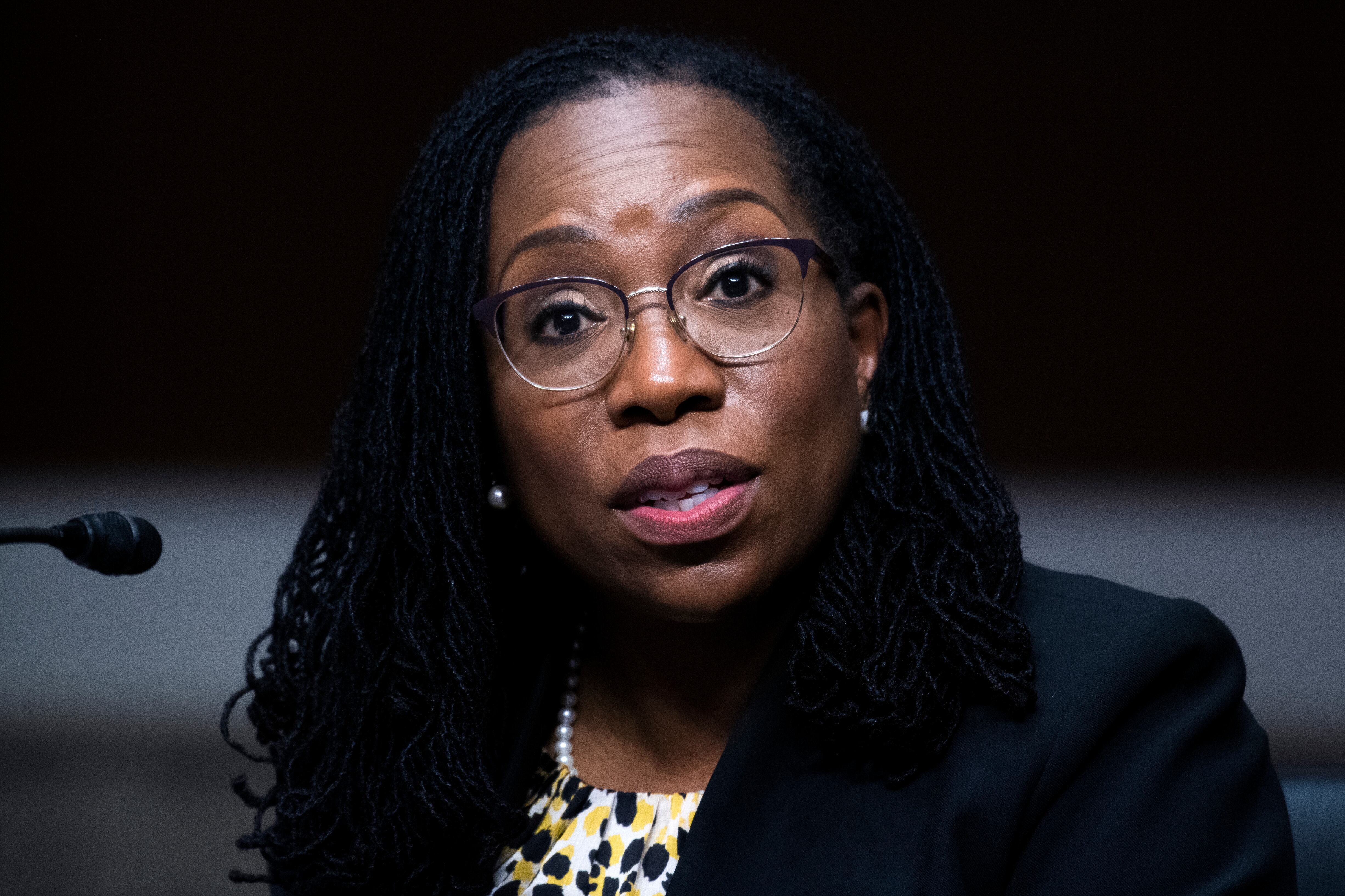 WASHINGTON, DC - APRIL 28: Ketanji Brown Jackson, nominee to be U.S. Circuit Judge for the District of Columbia Circuit, testifies during her Senate Judiciary Committee confirmation hearing in Dirksen Senate Office Building on April 28, 2021 in Washington, DC. Ketanji Brown Jackson, nominee to be U.S. Circuit Judge for the District of Columbia Circuit, and Candace Jackson-Akiwumi, nominee to be U.S. Circuit Judge for the Seventh Circuit, testified on the first panel. (Photo By Tom Williams-Pool/Getty Images)