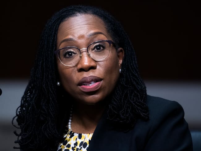 WASHINGTON, DC - APRIL 28: Ketanji Brown Jackson, nominee to be U.S. Circuit Judge for the District of Columbia Circuit, testifies during her Senate Judiciary Committee confirmation hearing in Dirksen Senate Office Building on April 28, 2021 in Washington, DC. Ketanji Brown Jackson, nominee to be U.S. Circuit Judge for the District of Columbia Circuit, and Candace Jackson-Akiwumi, nominee to be U.S. Circuit Judge for the Seventh Circuit, testified on the first panel. (Photo By Tom Williams-Pool/Getty Images)